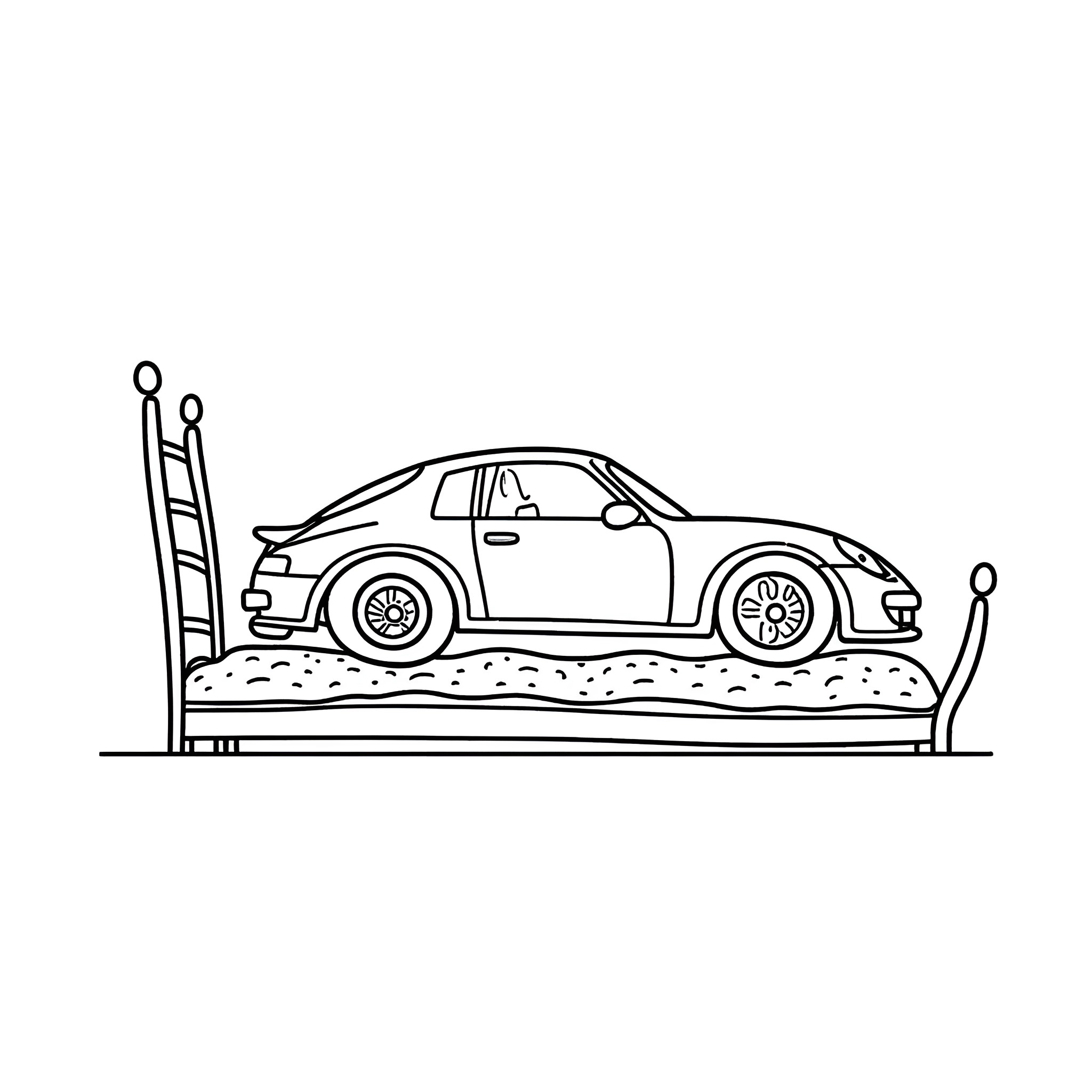 Car undergoing repairs with ladder and tools Coloring Page (free black-and-white line drawing printable PDF for all, from beginners to advanced learners, including children, teens, adults, and seniors)