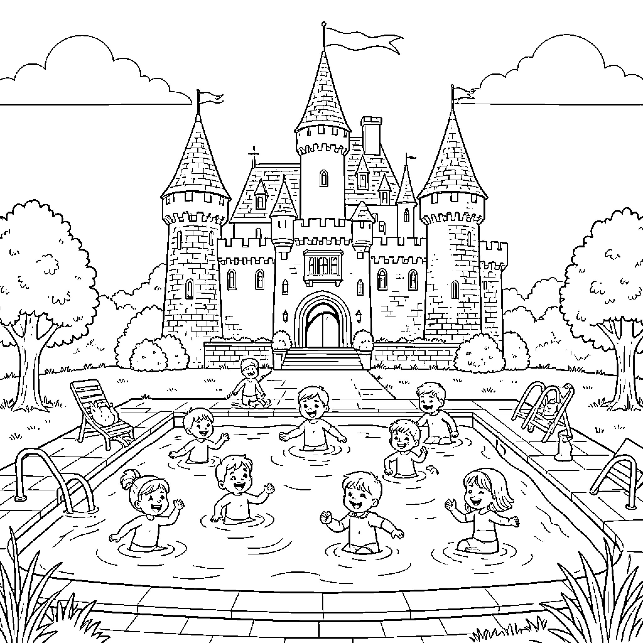 Reine children playing joyfully in a castle pool Coloring Page (free black-and-white line drawing printable PDF for all, from beginners to advanced learners, including children, teens, adults, and seniors)