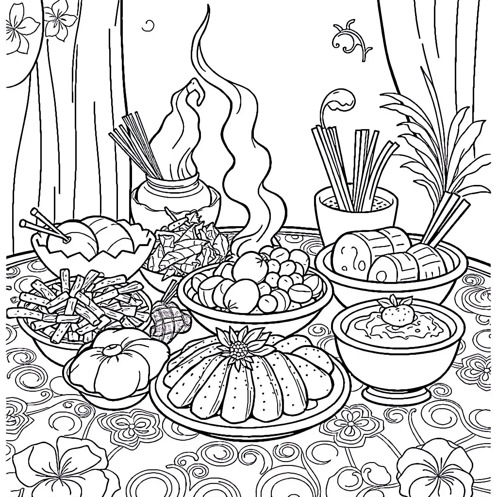 Filipino Delicacy: Vibrant Traditional Feast Coloring Page (free black-and-white line drawing printable PDF for all, from beginners to advanced learners, including children, teens, adults, and seniors)