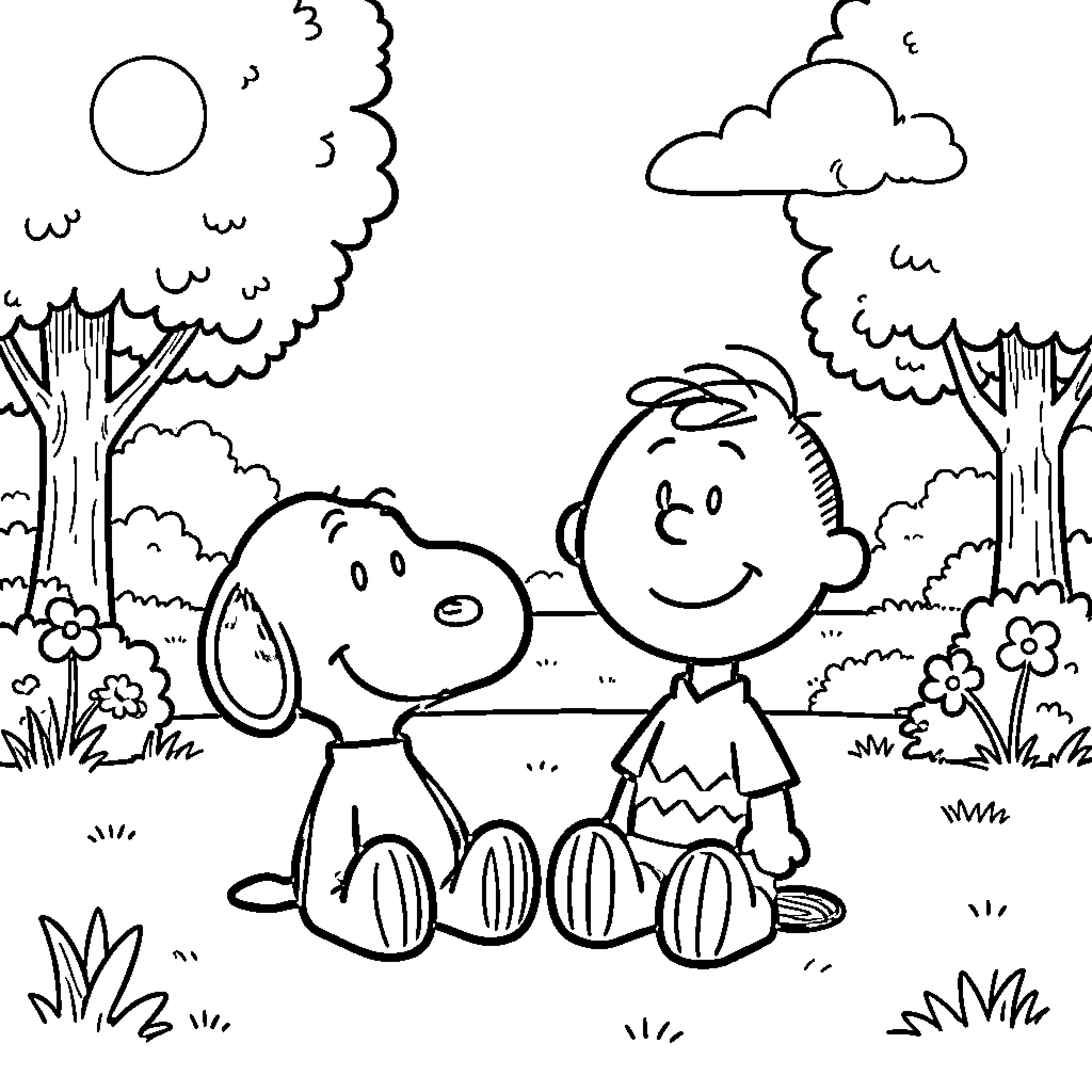 Snoopy and Charlie Brown enjoying nature Coloring Page (free black-and-white line drawing printable PDF for all, from beginners to advanced learners, including children, teens, adults, and seniors)