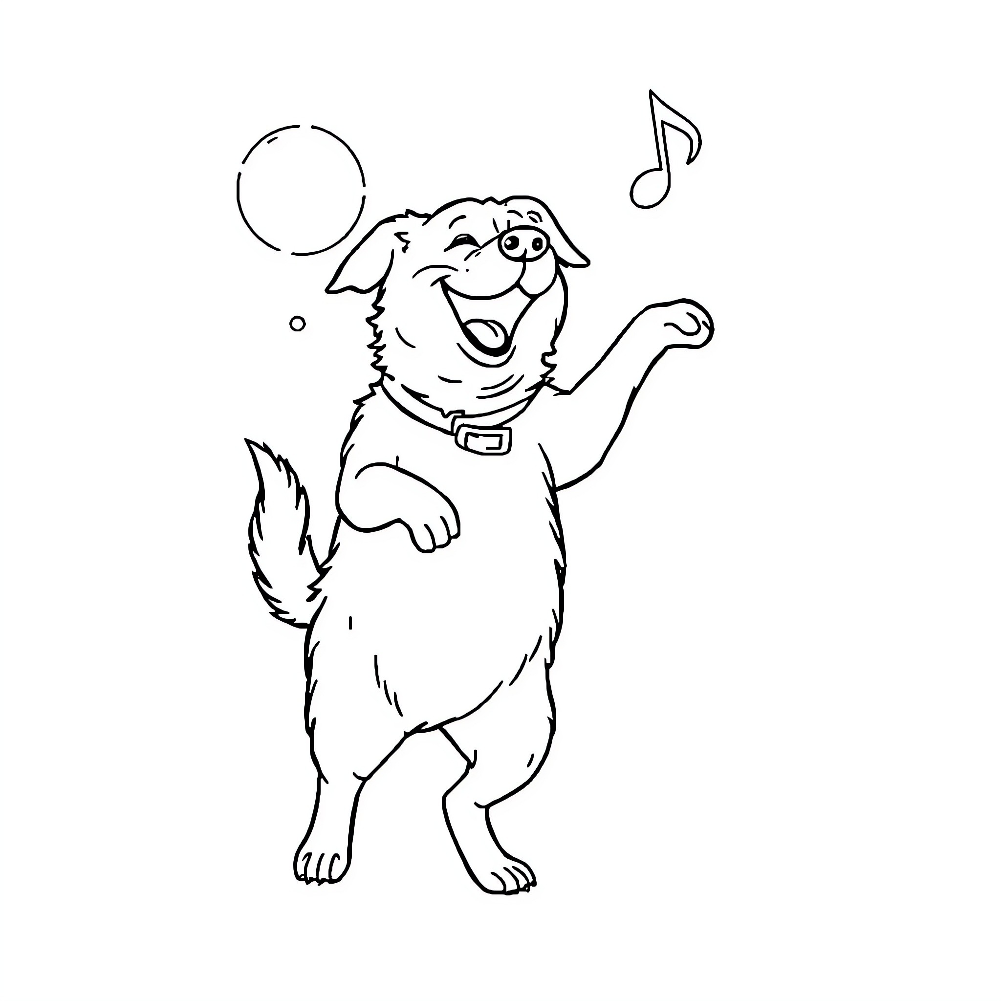 Dog playing happily with ball and music note Coloring Page (free black-and-white line drawing printable PDF for all, from beginners to advanced learners, including children, teens, adults, and seniors)