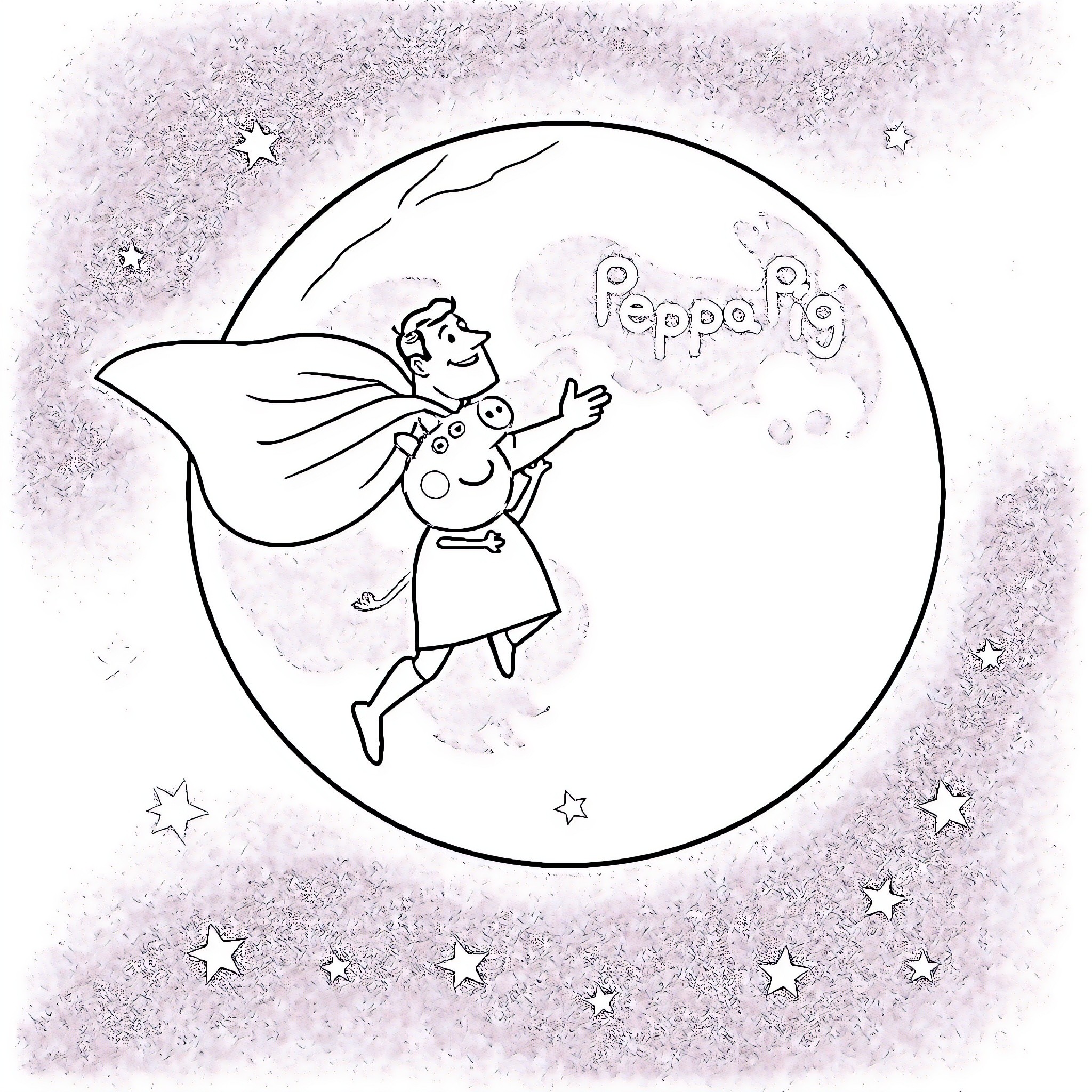 Superman flying happily with Peppa Pig in the starry night Coloring Page (free black-and-white line drawing printable PDF for all, from beginners to advanced learners, including children, teens, adults, and seniors)