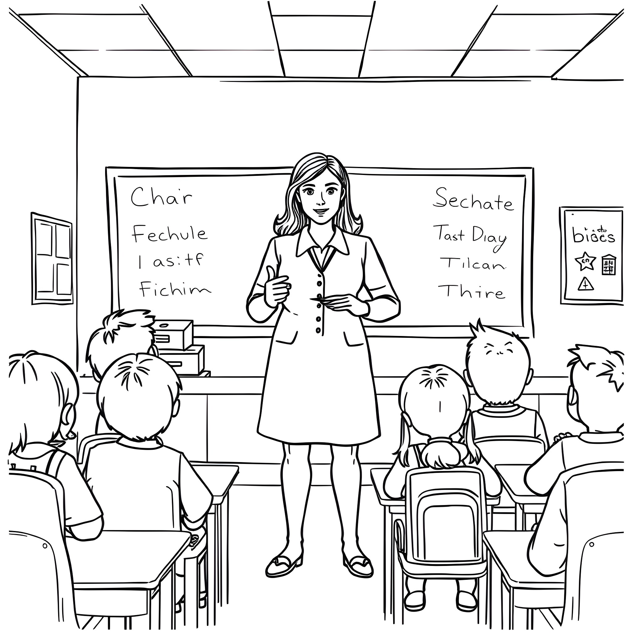 Teacher teaching students in classroom Coloring Page (free black-and-white line drawing printable PDF for all, from beginners to advanced learners, including children, teens, adults, and seniors)
