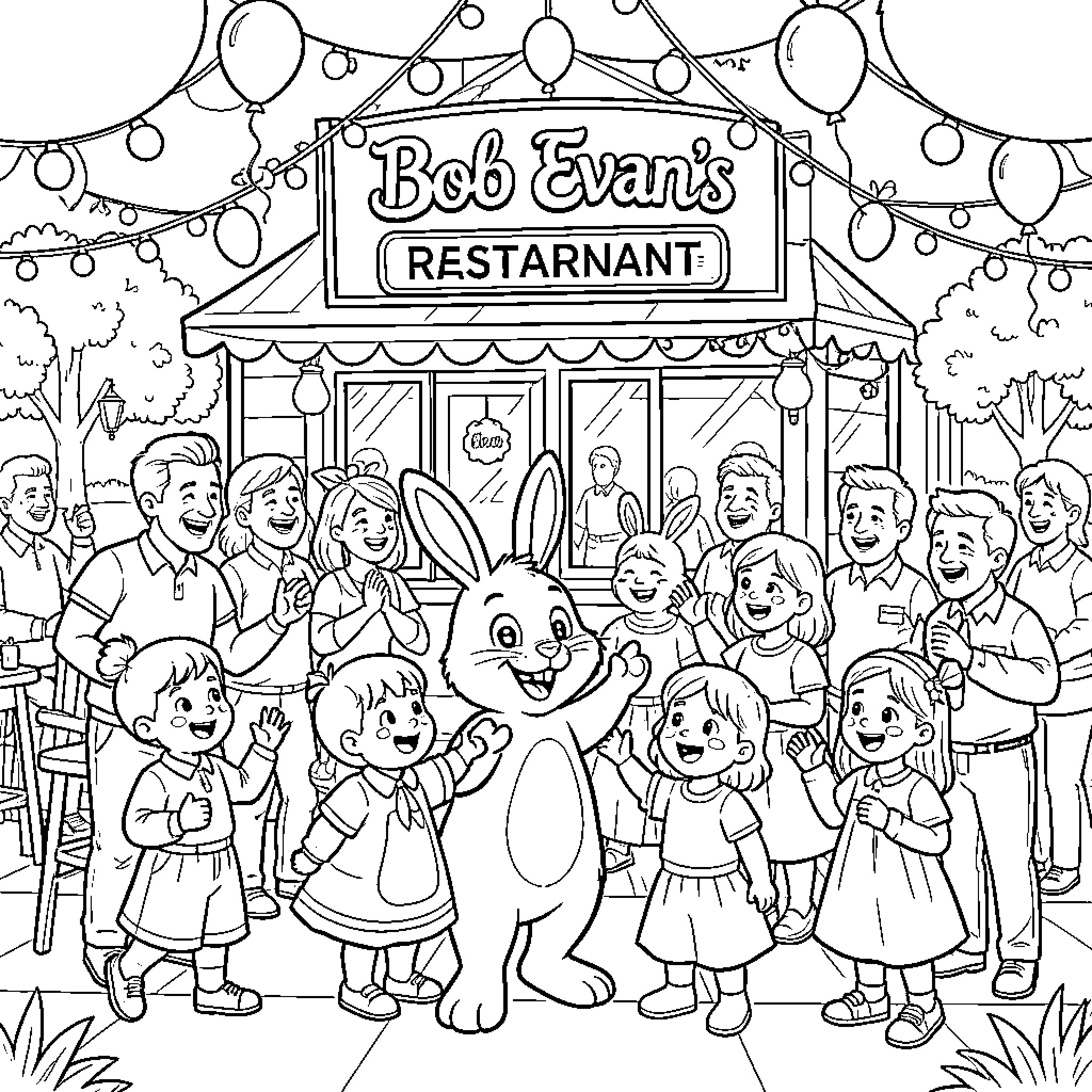 Easter Bunny Hosting a Festive Gathering at the Restarnant Coloring Page (free black-and-white line drawing printable PDF for all, from beginners to advanced learners, including children, teens, adults, and seniors)
