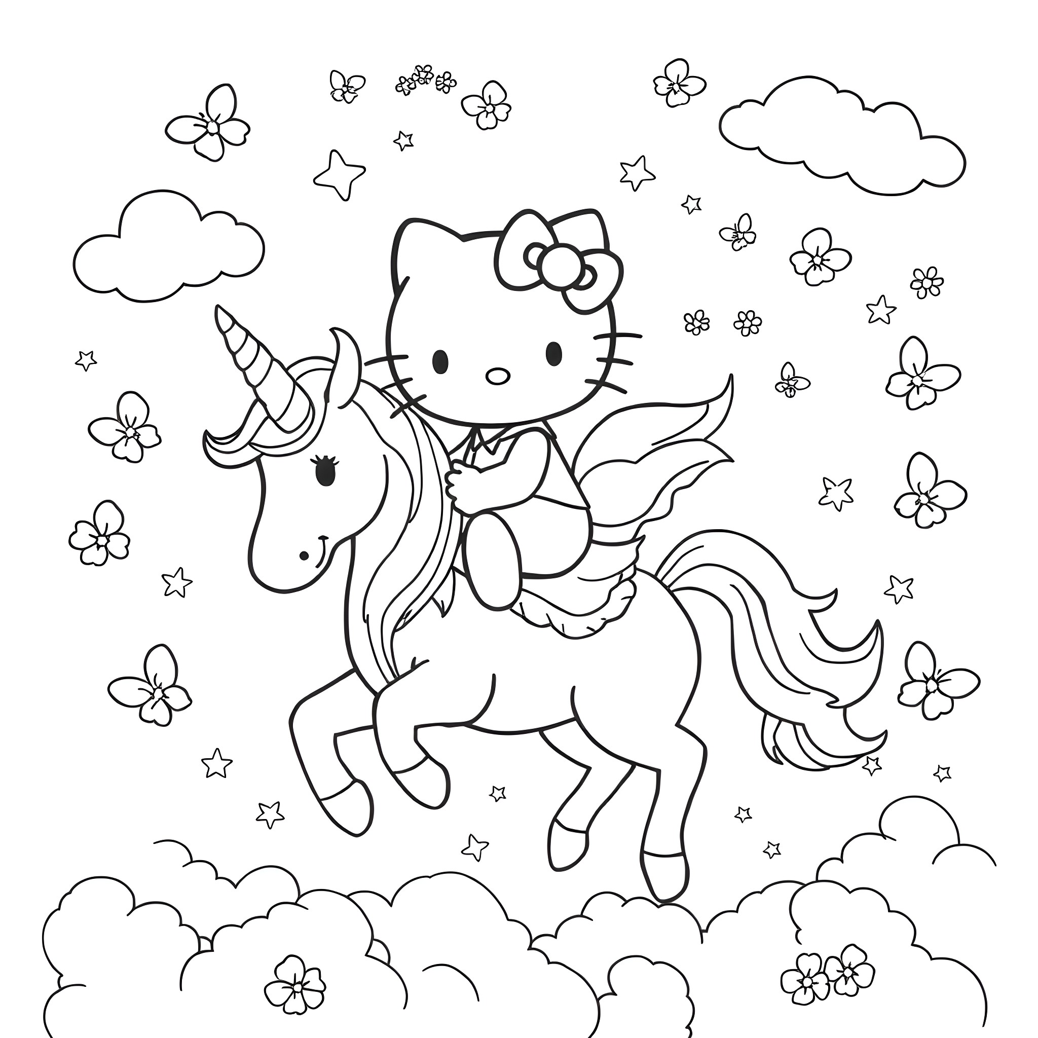 Hello Kitty riding a magical unicorn in the clouds Coloring Page (free black-and-white line drawing printable PDF for all, from beginners to advanced learners, including children, teens, adults, and seniors)