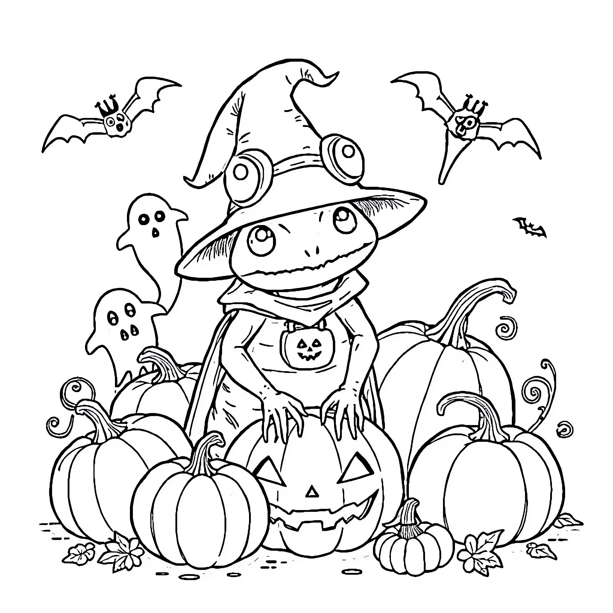 Frog wearing Halloween costume among pumpkins and ghosts Coloring Page (free black-and-white line drawing printable PDF for all, from beginners to advanced learners, including children, teens, adults, and seniors)