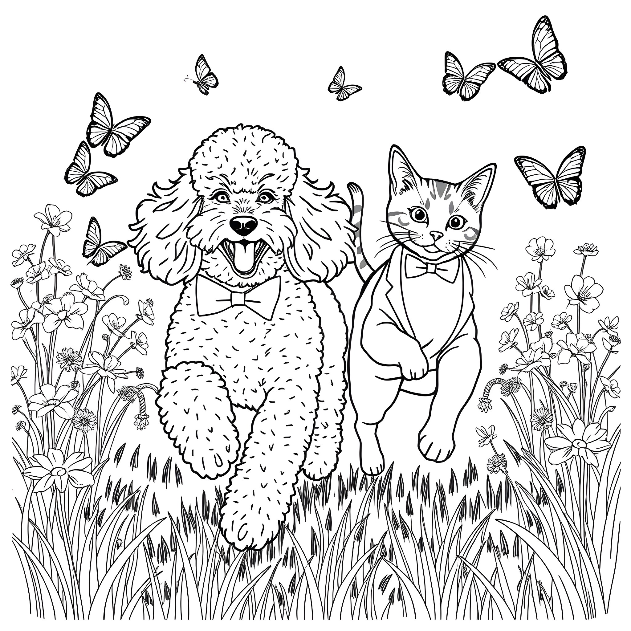 Poodle and cat playing together in a floral garden Coloring Page (free black-and-white line drawing printable PDF for all, from beginners to advanced learners, including children, teens, adults, and seniors)