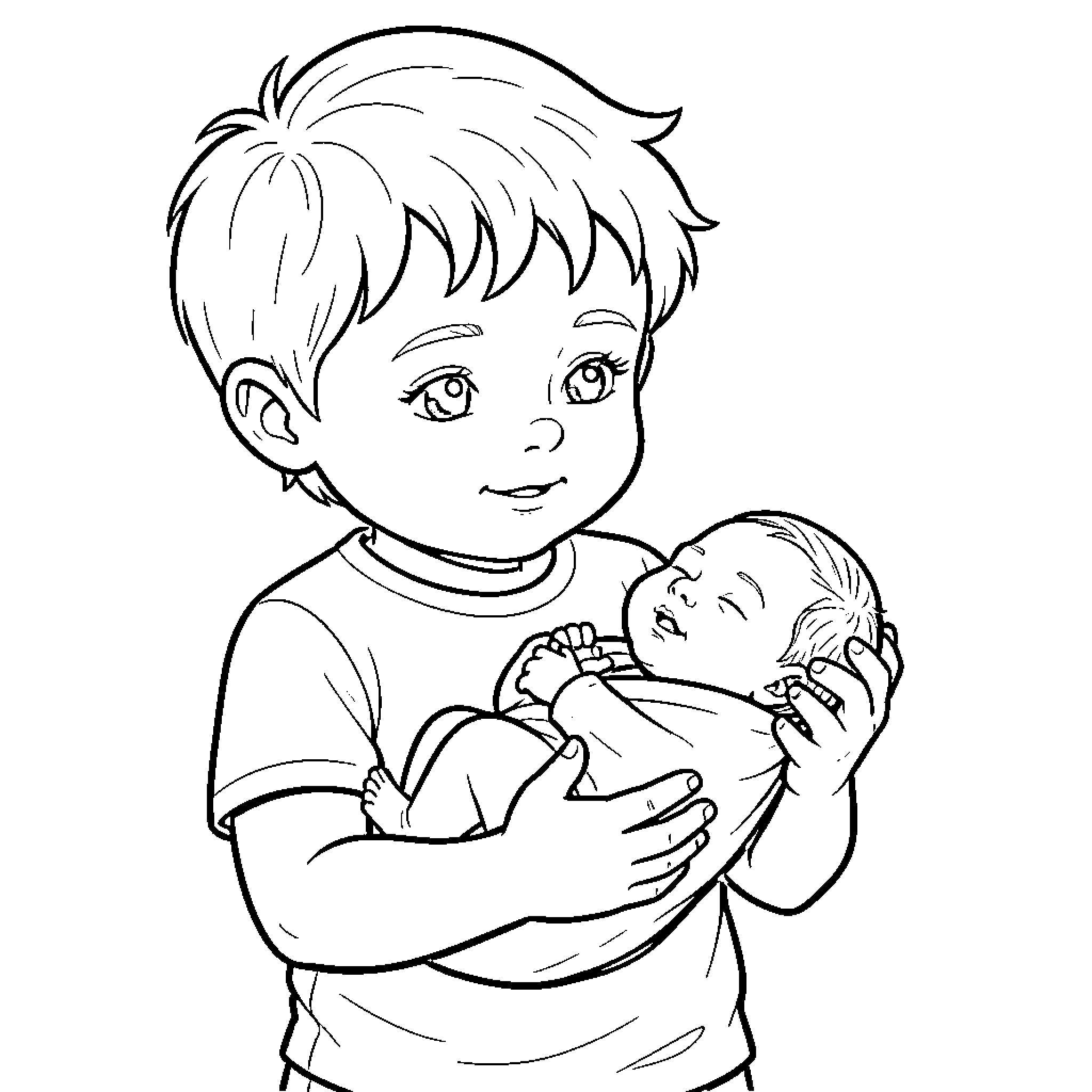 Boy tenderly holding baby sibling Coloring Page (free black-and-white line drawing printable PDF for all, from beginners to advanced learners, including children, teens, adults, and seniors)