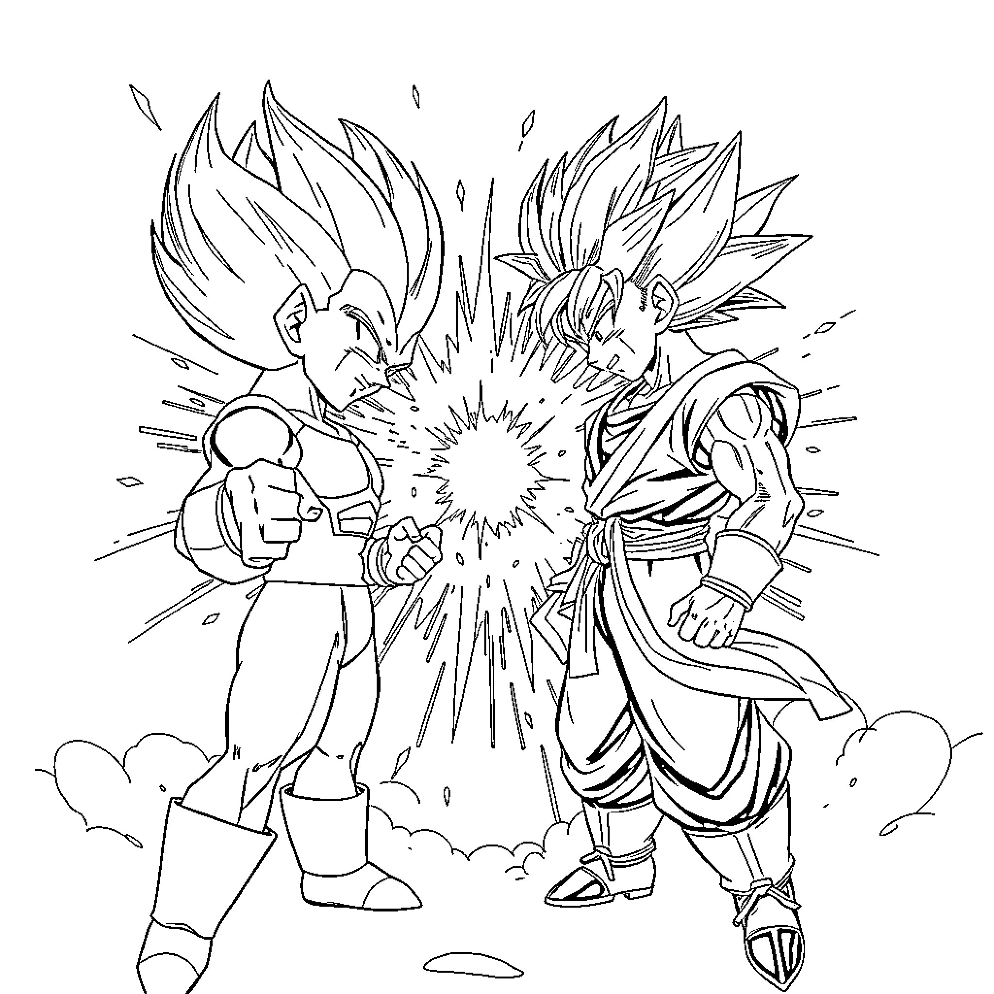 Vegeta characters in intense battle clash Coloring Page (free black-and-white line drawing printable PDF for all, from beginners to advanced learners, including children, teens, adults, and seniors)