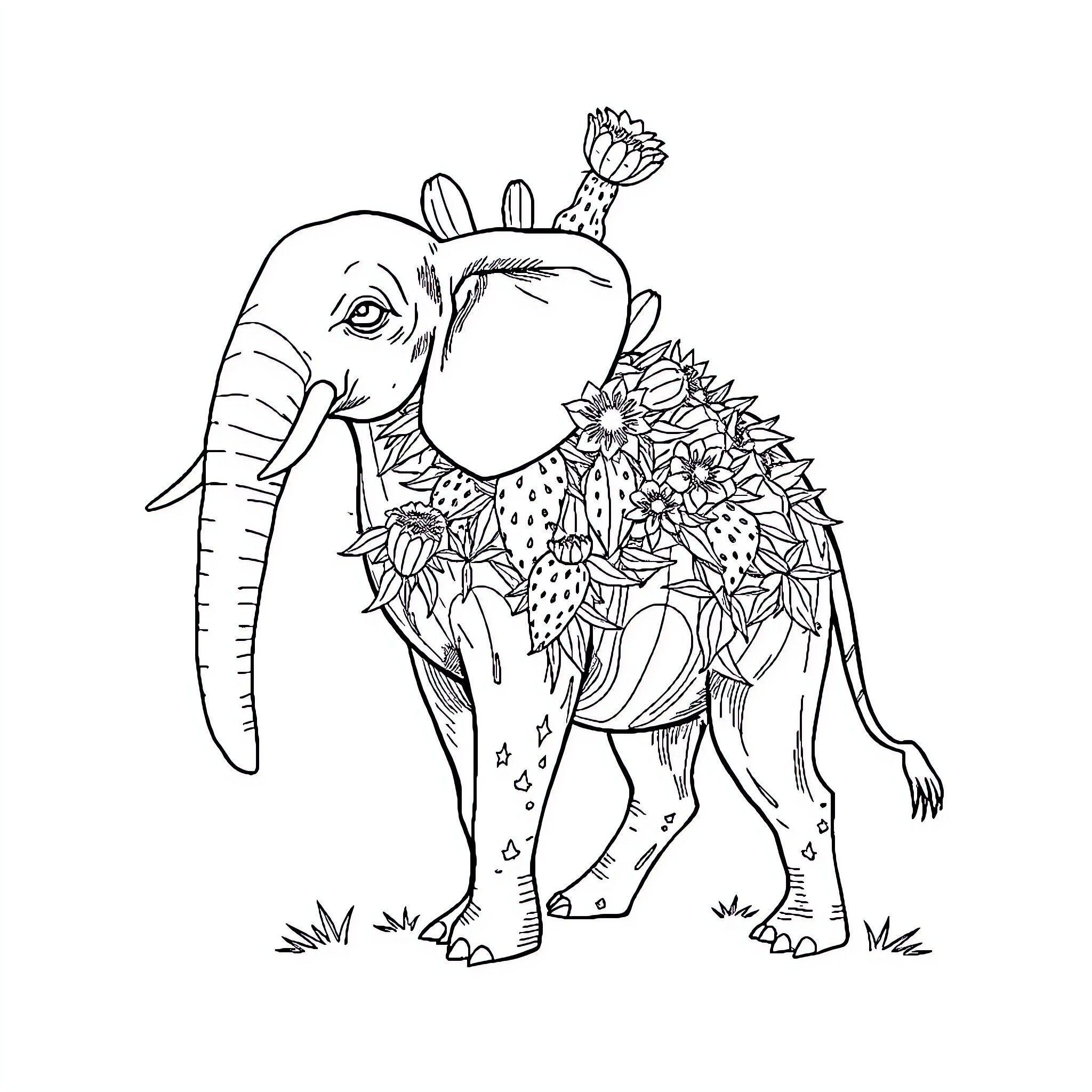 Elephant decorated with flowers and patterns Coloring Page (free black-and-white line drawing printable PDF for all, from beginners to advanced learners, including children, teens, adults, and seniors)