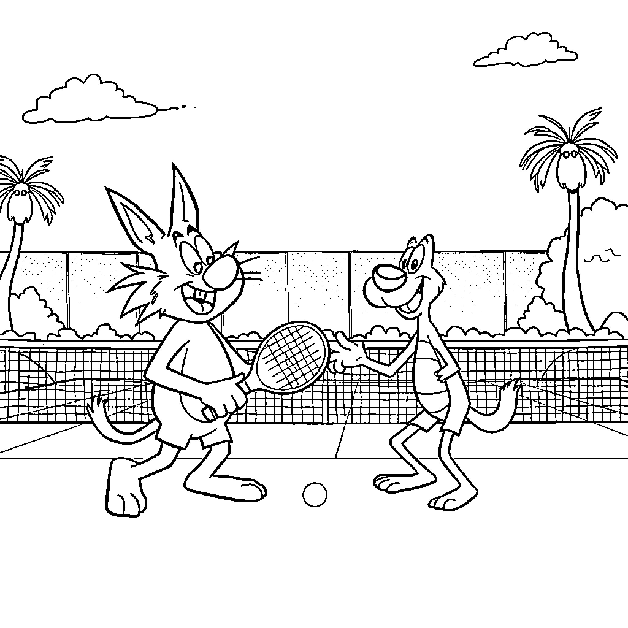 Ren and Stimpy playing tennis on the beach Coloring Page (free black-and-white line drawing printable PDF for all, from beginners to advanced learners, including children, teens, adults, and seniors)