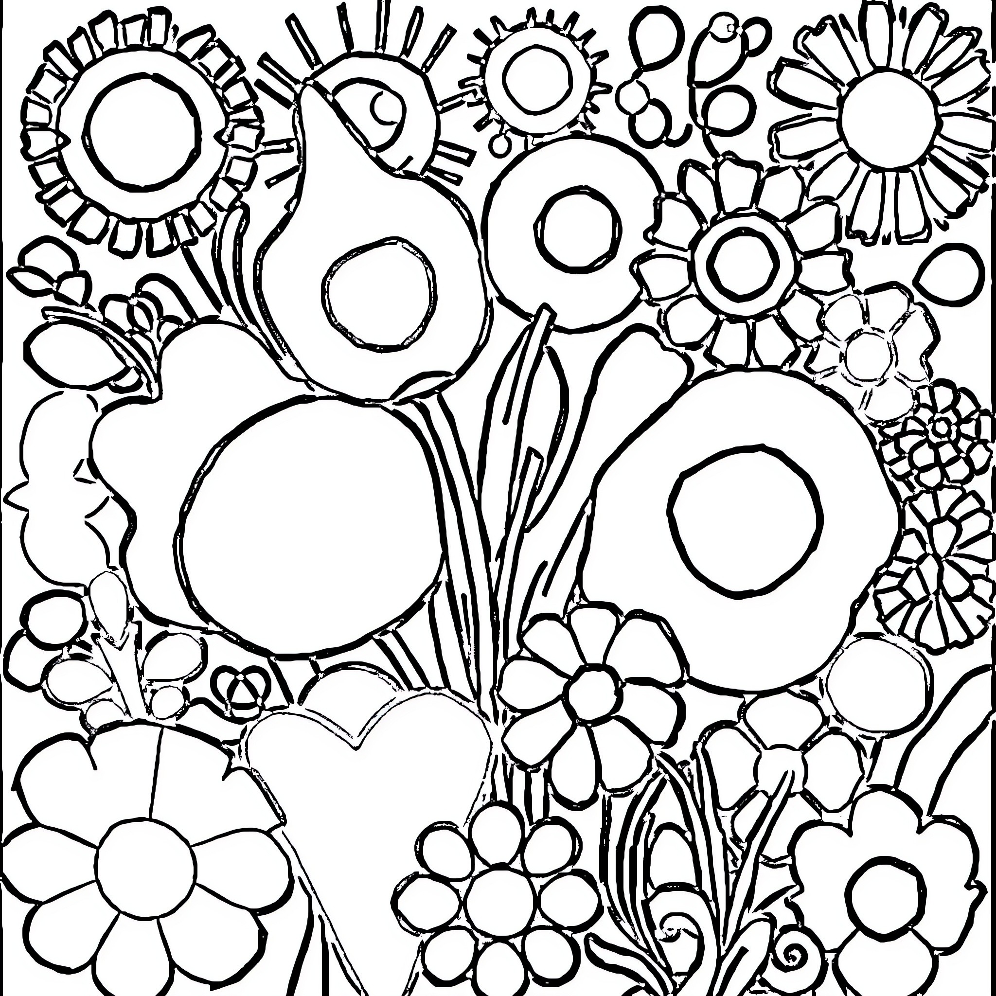 Shape Pattern of Flowers and Circles Coloring Page (free black-and-white line drawing printable PDF for all, from beginners to advanced learners, including children, teens, adults, and seniors)