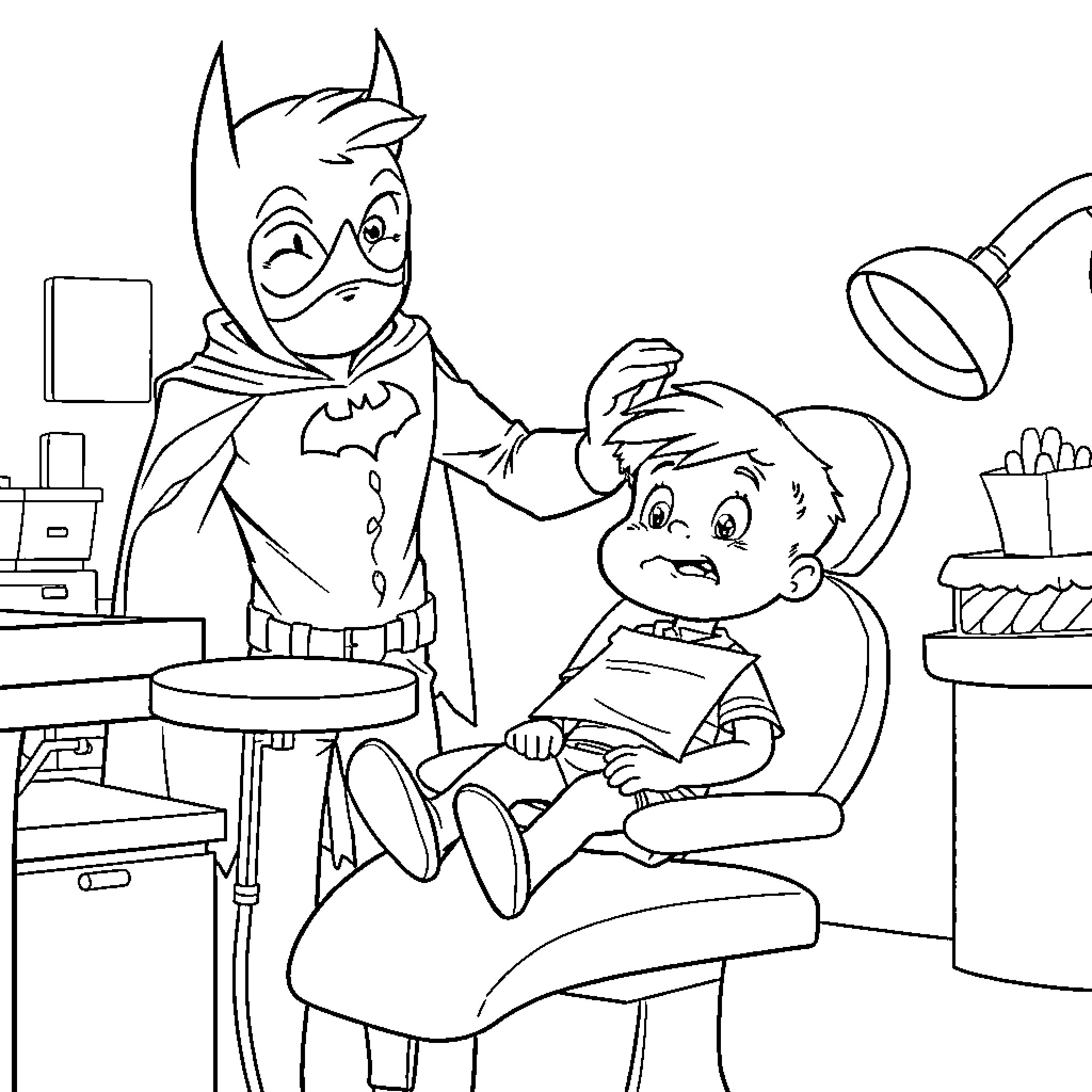 Child Superhero Visiting Injured Child at Hospital Coloring Page (free black-and-white line drawing printable PDF for all, from beginners to advanced learners, including children, teens, adults, and seniors)