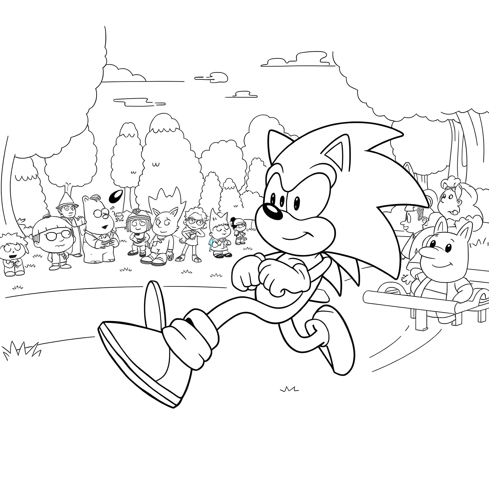 Sonic the Hedgehog running through a lively cartoon scene Coloring Page (free black-and-white line drawing printable PDF for all, from beginners to advanced learners, including children, teens, adults, and seniors)