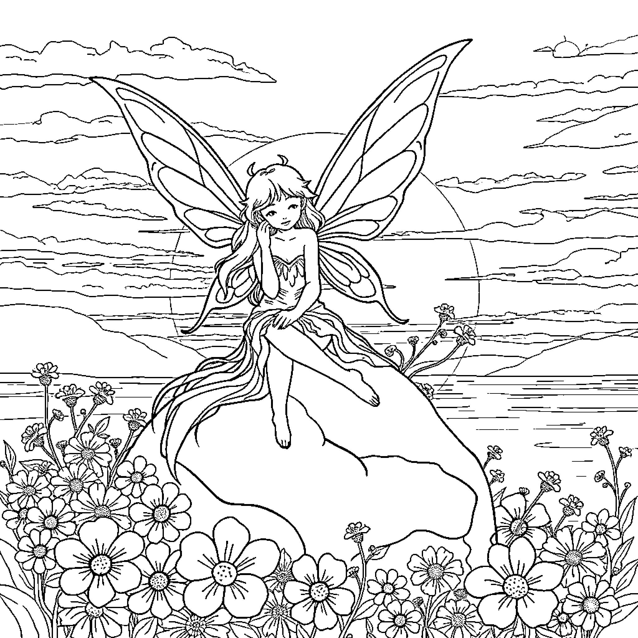 Fairy resting in a field of flowers Coloring Page (free black-and-white line drawing printable PDF for all, from beginners to advanced learners, including children, teens, adults, and seniors)