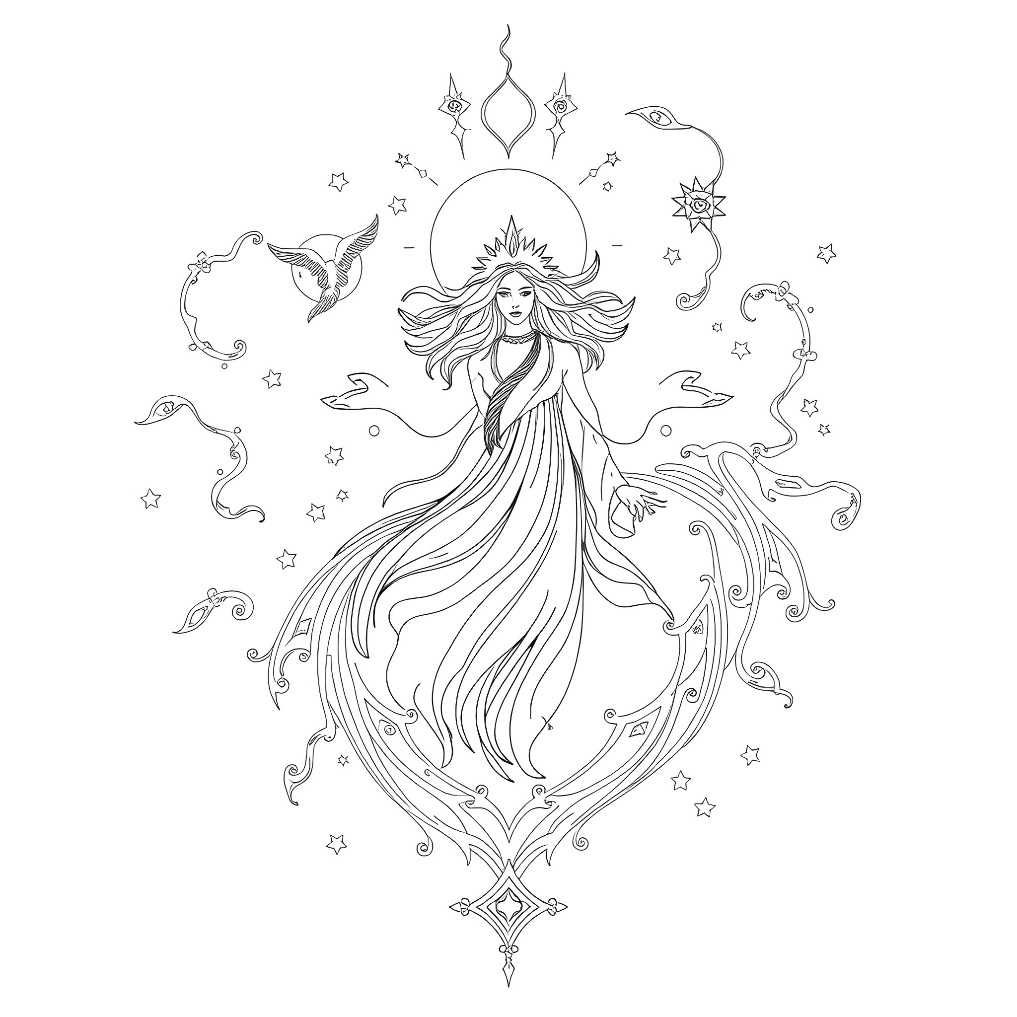 Great Spirit of Cosmic Harmony in the Celestial Realm Coloring Page (free black-and-white line drawing printable PDF for all, from beginners to advanced learners, including children, teens, adults, and seniors)