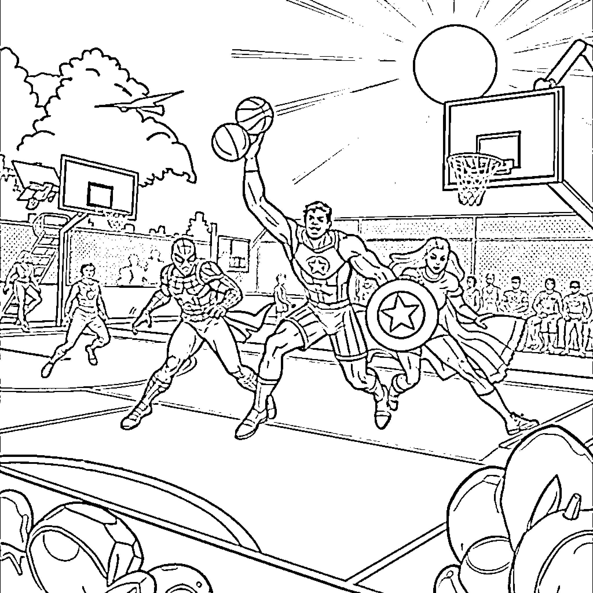 Marvel Superheroes Engage in Epic Basketball Game Coloring Page (free black-and-white line drawing printable PDF for all, from beginners to advanced learners, including children, teens, adults, and seniors)