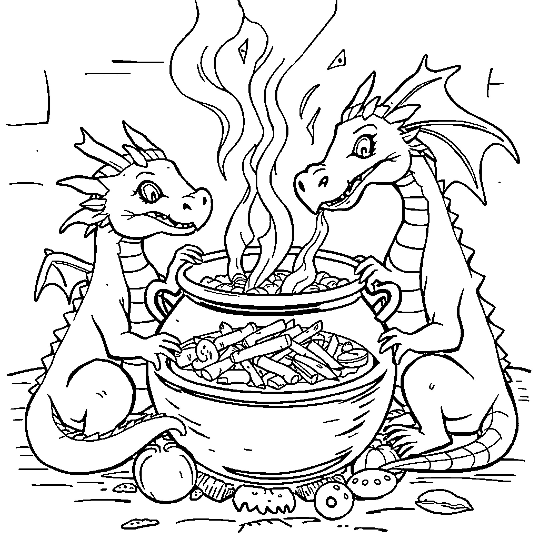 Dragons Enjoying a Magical Feast Coloring Page (free black-and-white line drawing printable PDF for all, from beginners to advanced learners, including children, teens, adults, and seniors)