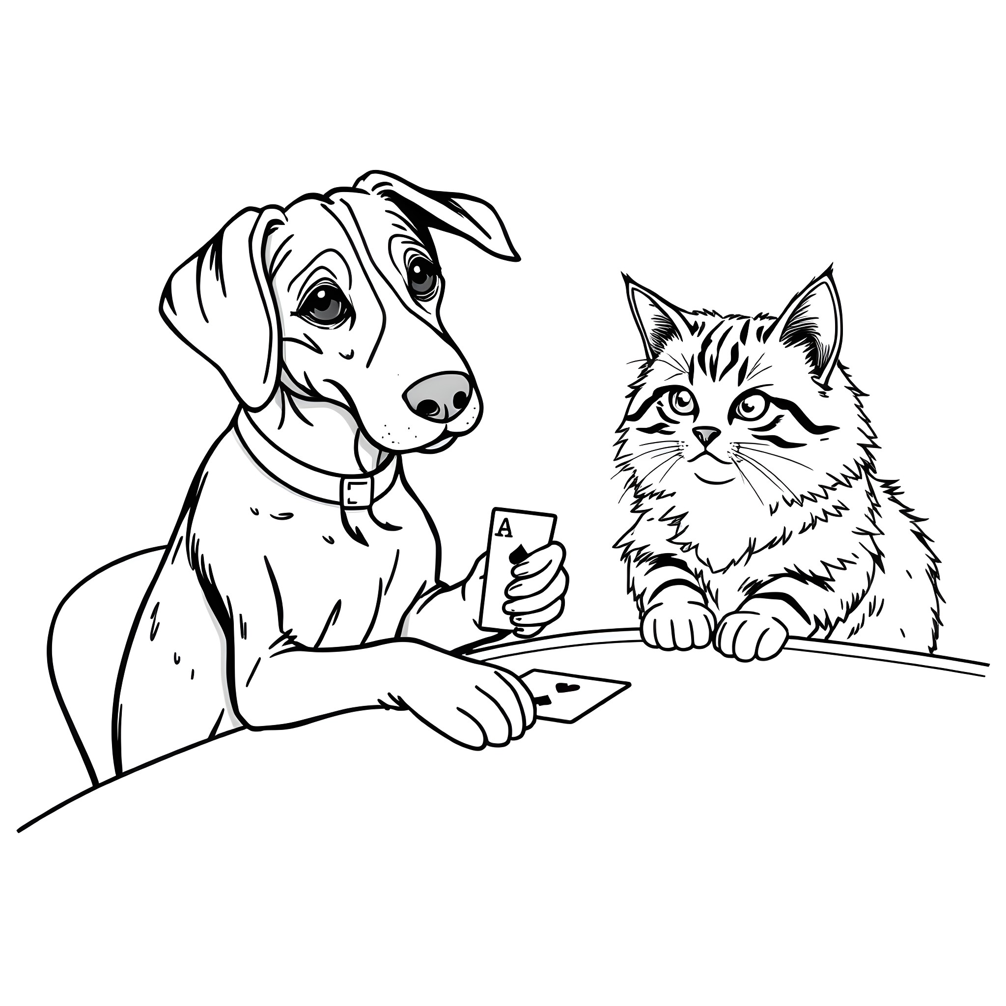 Dog and cat playing cards together Coloring Page (free black-and-white line drawing printable PDF for all, from beginners to advanced learners, including children, teens, adults, and seniors)