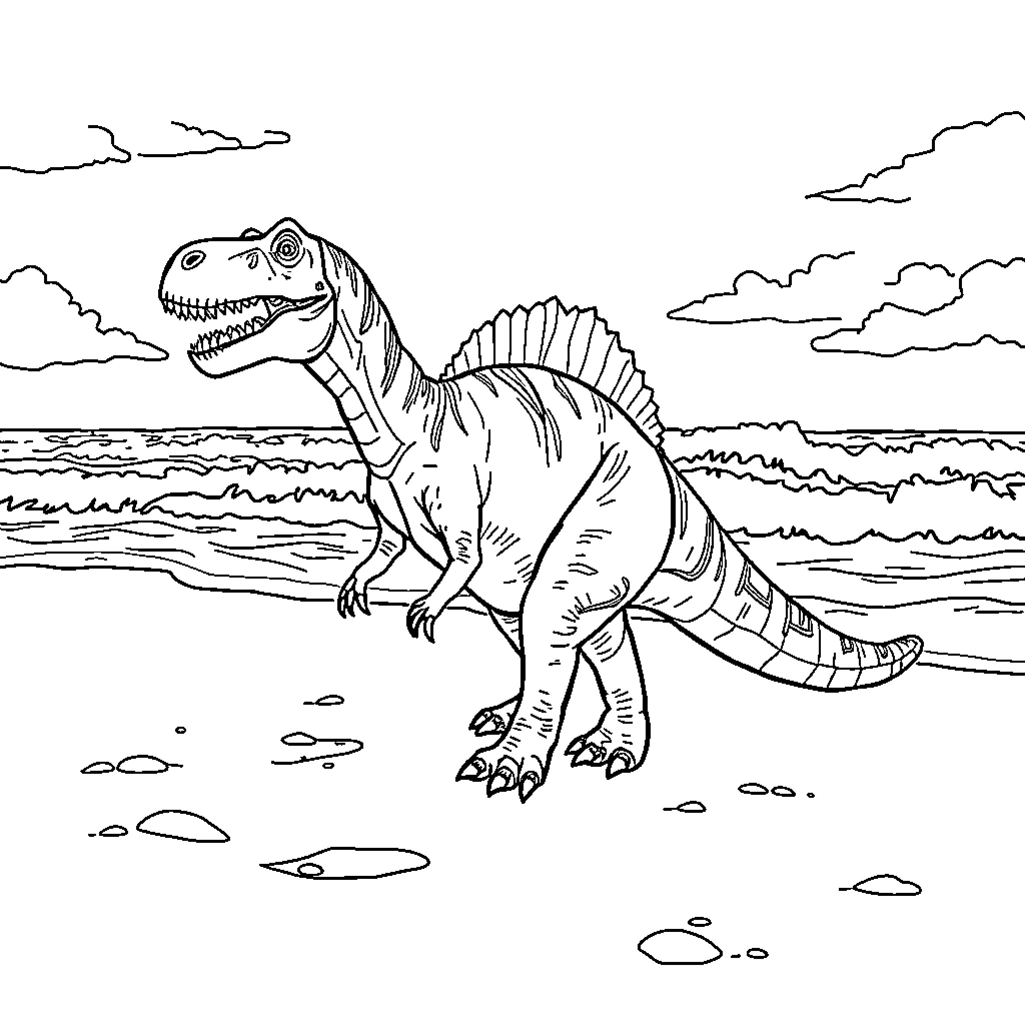 Dinosaur roaming along the beach Coloring Page (free black-and-white line drawing printable PDF for all, from beginners to advanced learners, including children, teens, adults, and seniors)