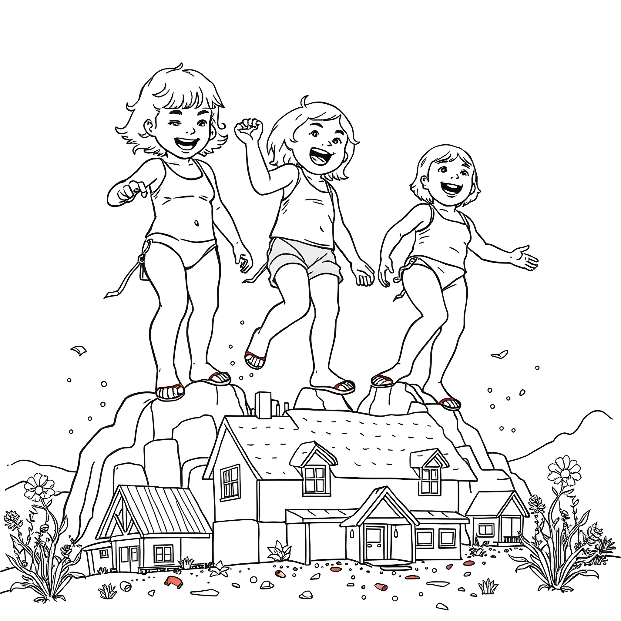 Kid Trio Jumping with Joy on Hill Overlooking Idyllic Town Coloring Page (free black-and-white line drawing printable PDF for all, from beginners to advanced learners, including children, teens, adults, and seniors)