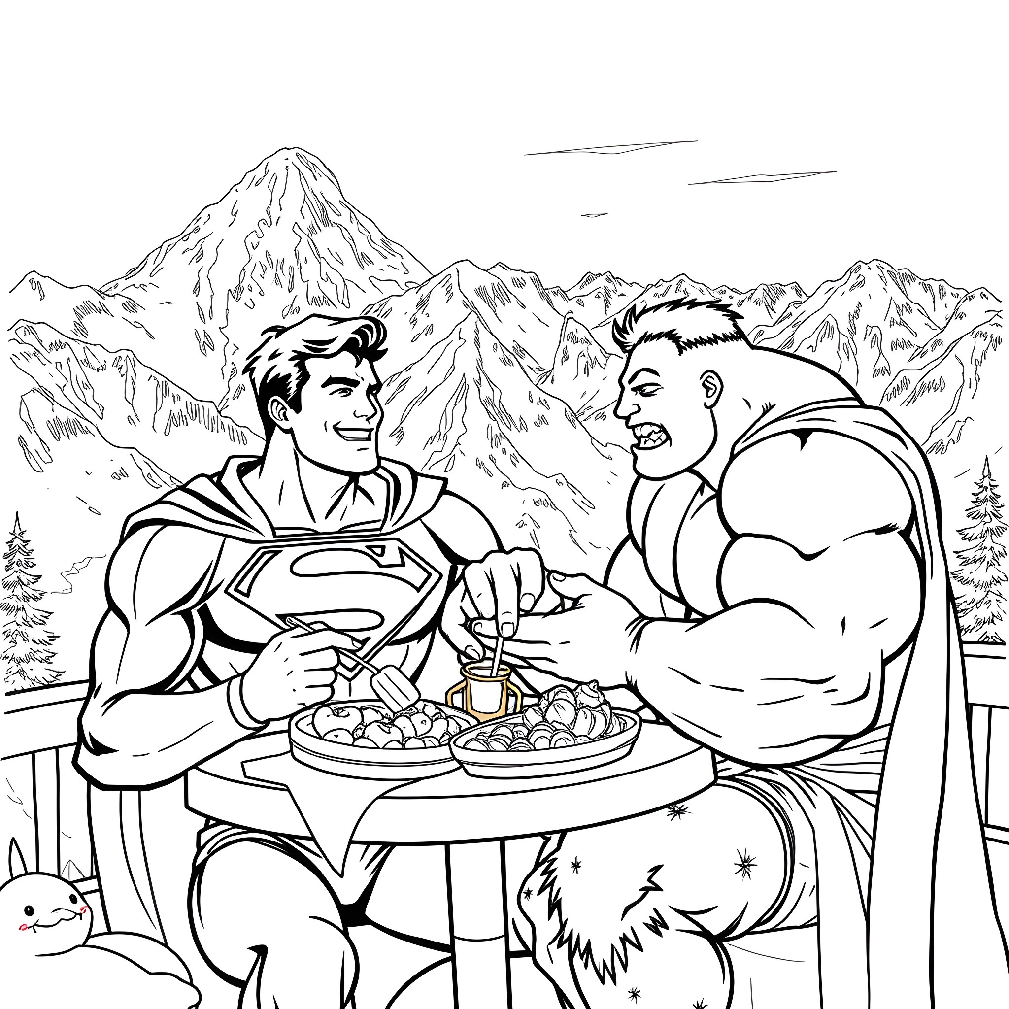 Superman and Hulk sharing a meal in the mountains Coloring Page (free black-and-white line drawing printable PDF for all, from beginners to advanced learners, including children, teens, adults, and seniors)
