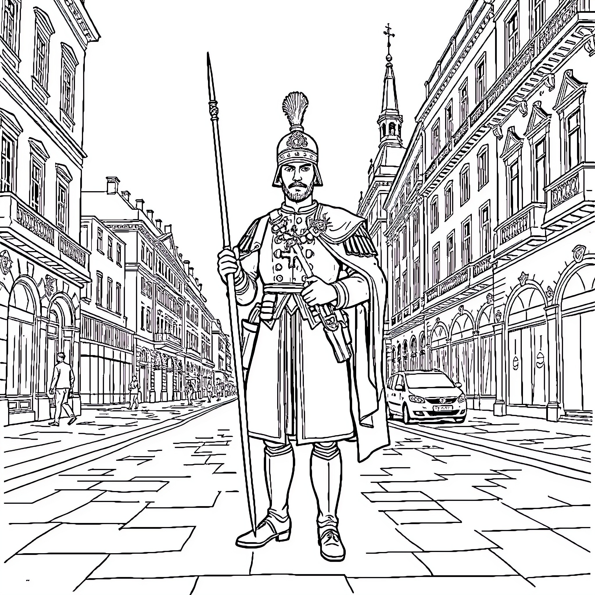 Soldier standing proudly in historical city street Coloring Page (free black-and-white line drawing printable PDF for all, from beginners to advanced learners, including children, teens, adults, and seniors)