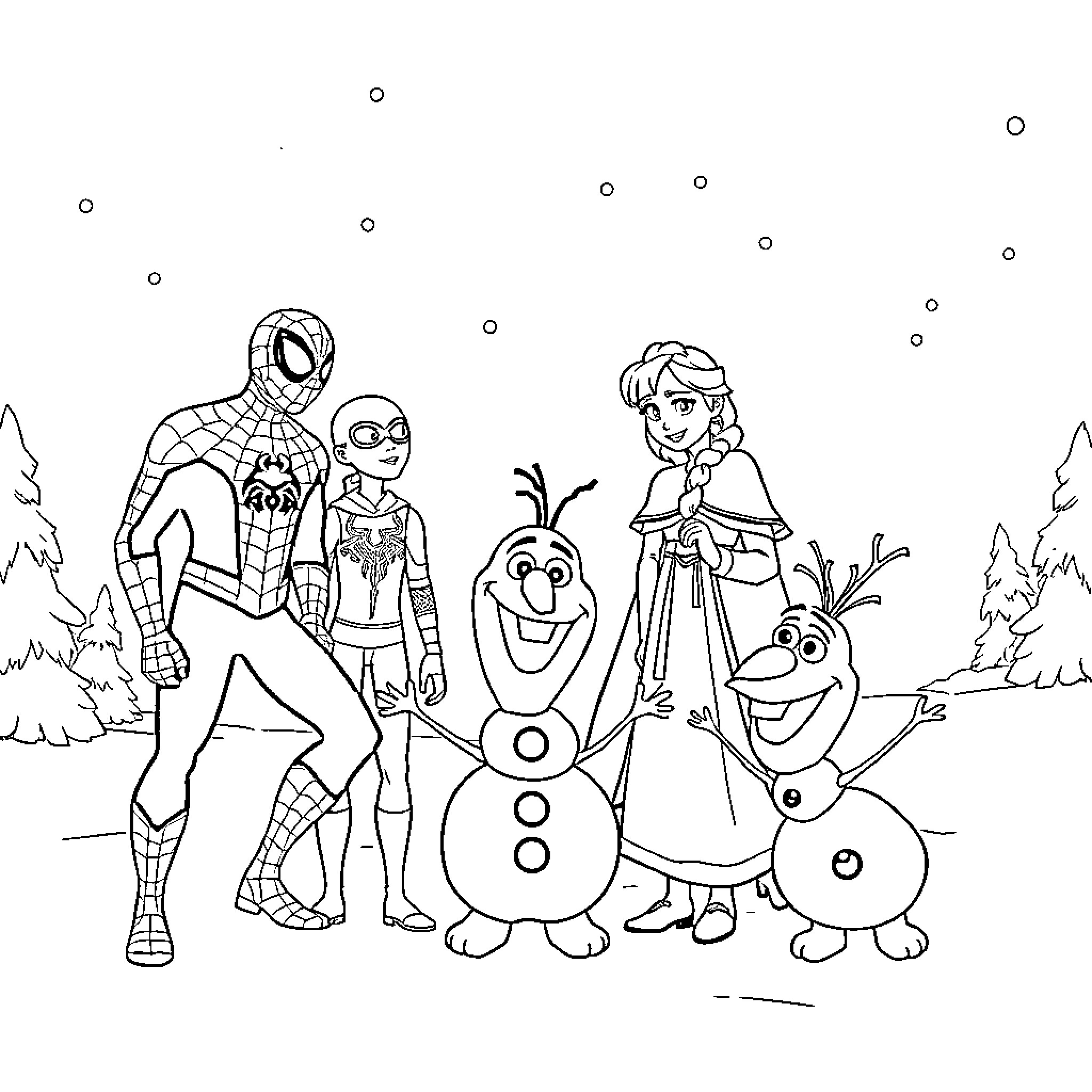 Spider-Man and friends in a snowy fantasy scene Coloring Page (free black-and-white line drawing printable PDF for all, from beginners to advanced learners, including children, teens, adults, and seniors)