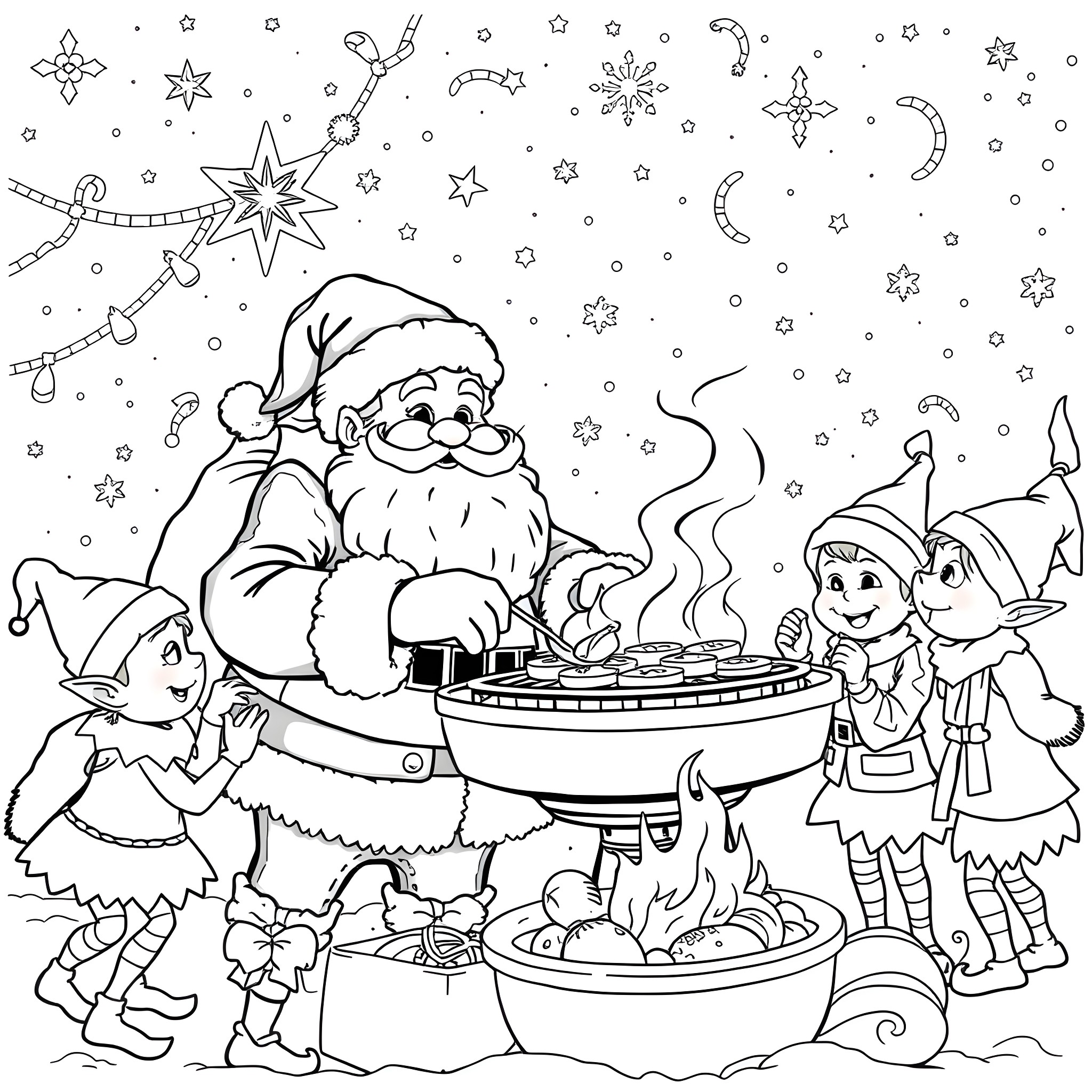 Santa Claus hosting a festive gathering with elves Coloring Page (free black-and-white line drawing printable PDF for all, from beginners to advanced learners, including children, teens, adults, and seniors)