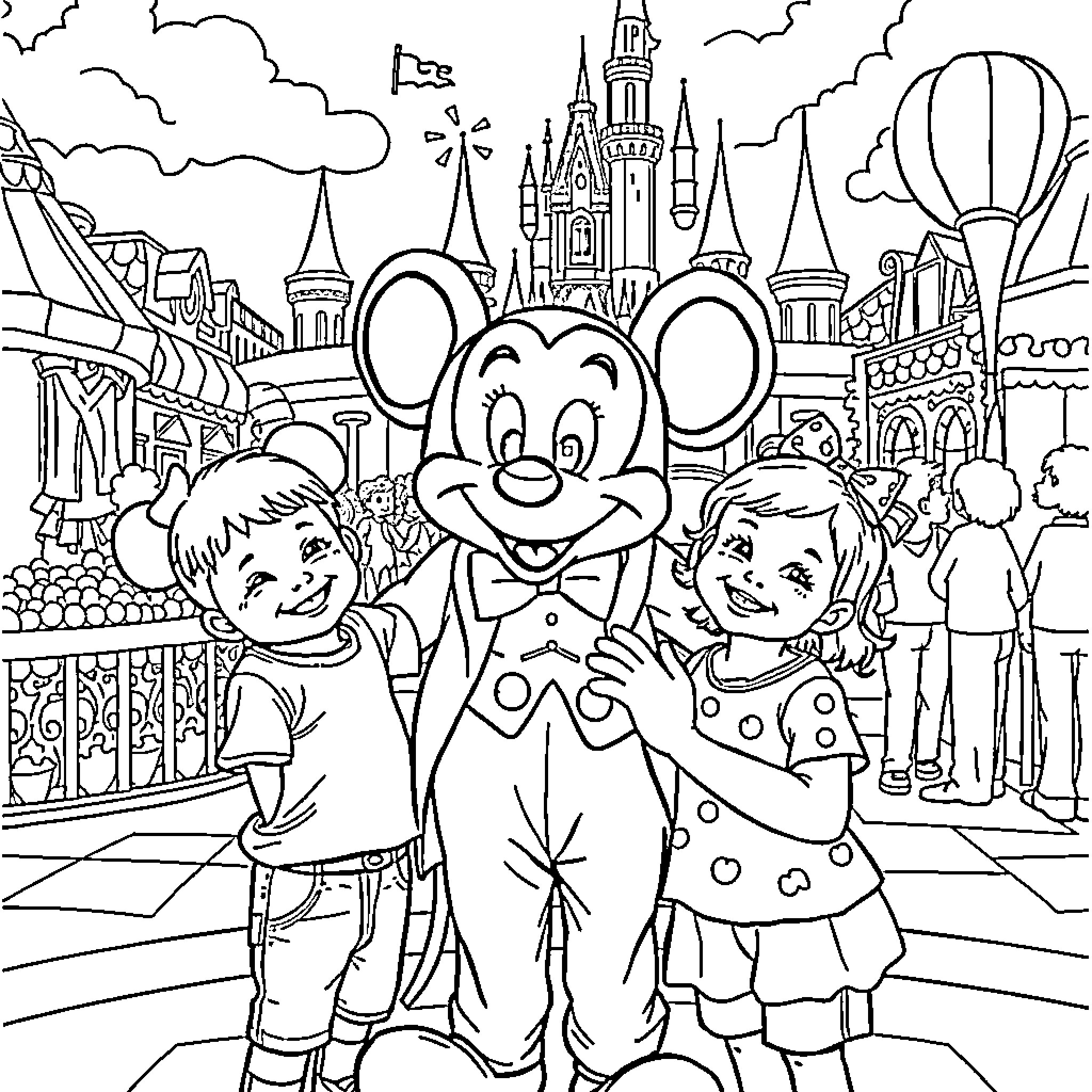 Child enjoying time with Mickey Mouse at the Disney park Coloring Page (free black-and-white line drawing printable PDF for all, from beginners to advanced learners, including children, teens, adults, and seniors)