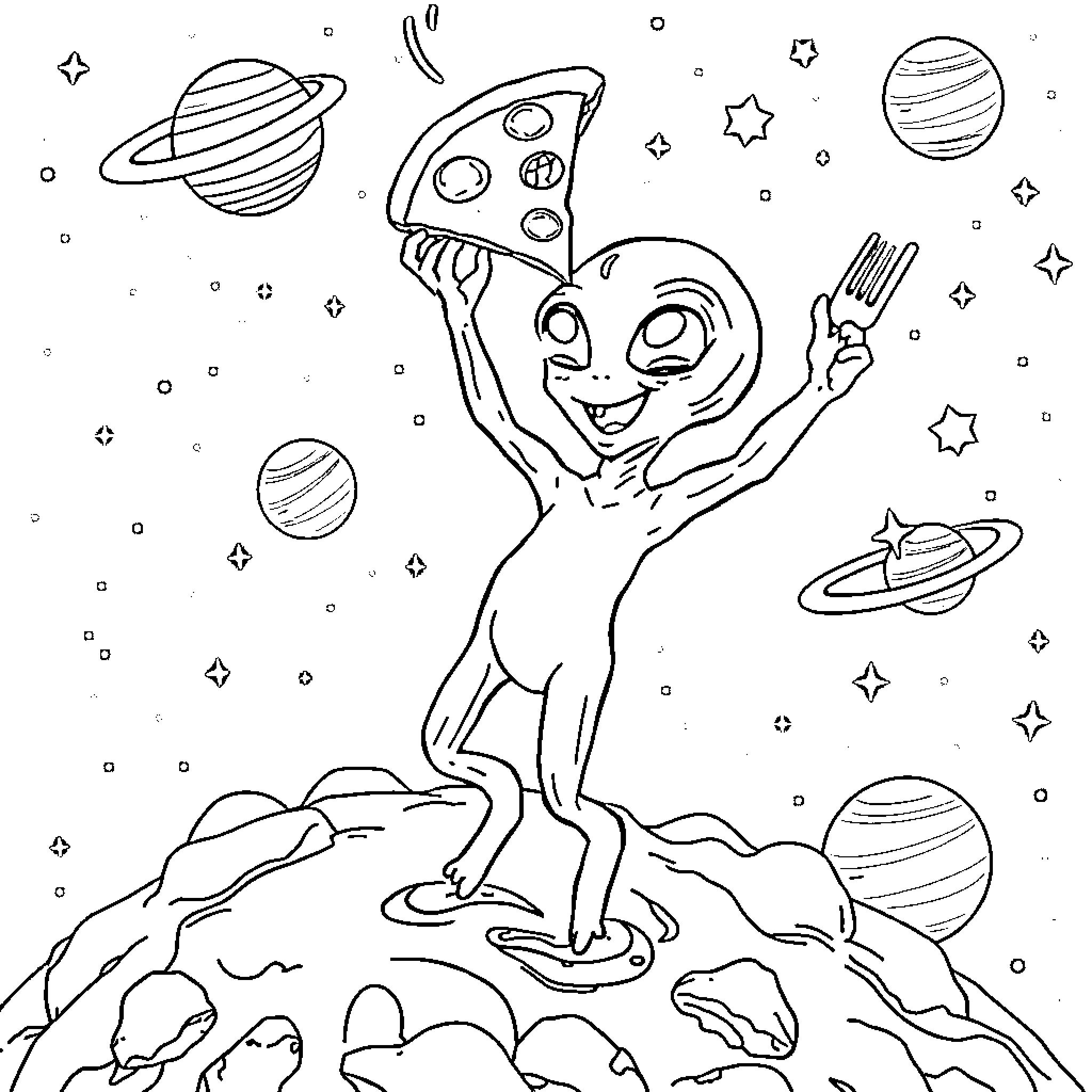 Alien exploring the wondrous cosmos Coloring Page (free black-and-white line drawing printable PDF for all, from beginners to advanced learners, including children, teens, adults, and seniors)
