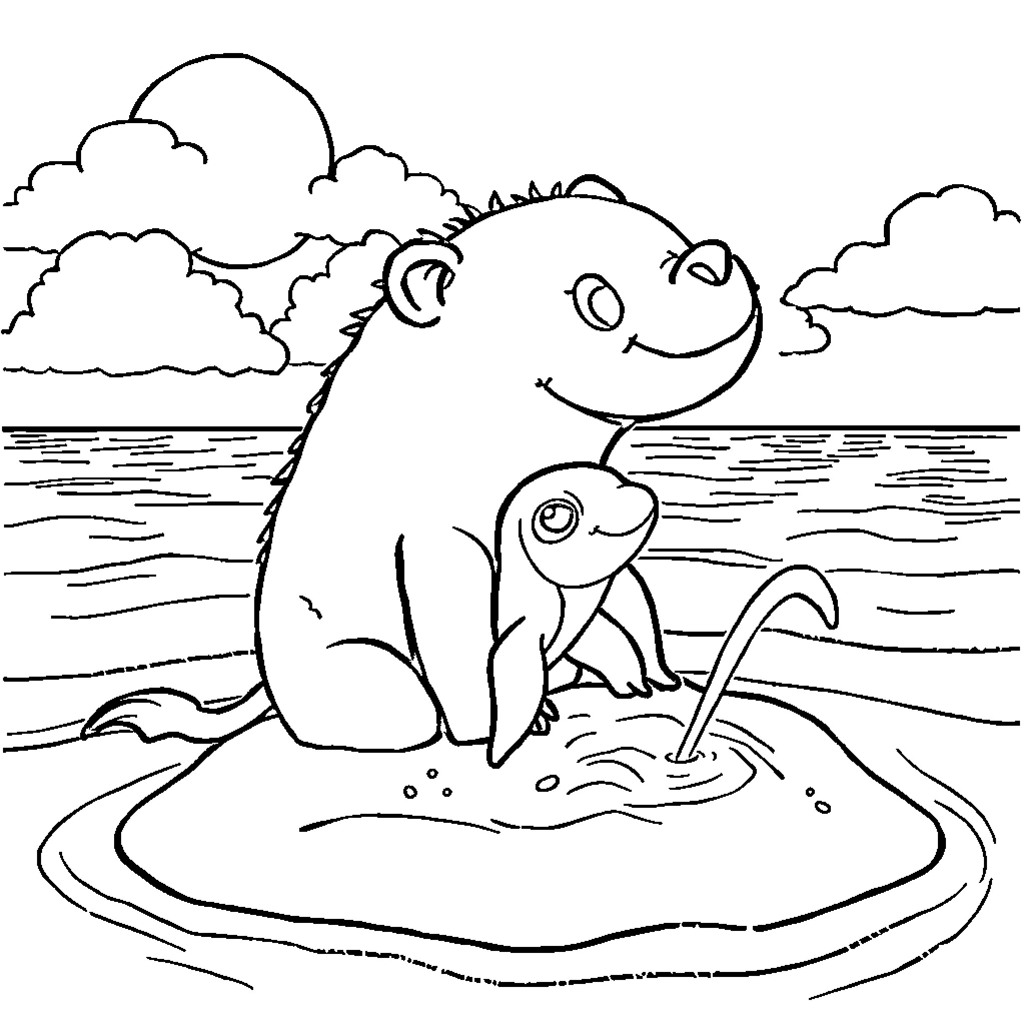 Labubu's Playful Pond Adventure Coloring Page (free black-and-white line drawing printable PDF for all, from beginners to advanced learners, including children, teens, adults, and seniors)
