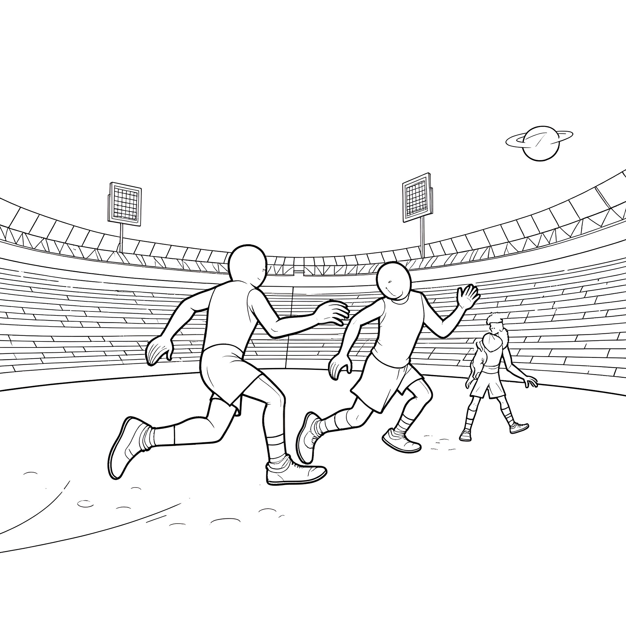 Banana characters running on sports field Coloring Page (free black-and-white line drawing printable PDF for all, from beginners to advanced learners, including children, teens, adults, and seniors)