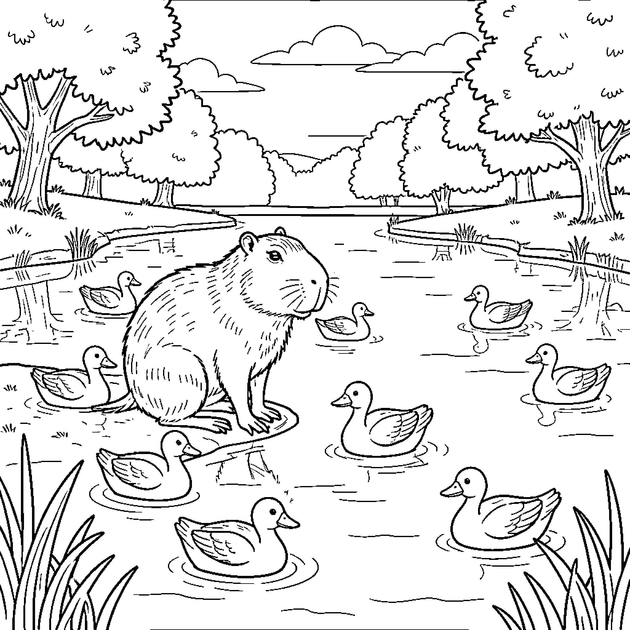 Capybara enjoying a peaceful day by the pond Coloring Page (free black-and-white line drawing printable PDF for all, from beginners to advanced learners, including children, teens, adults, and seniors)