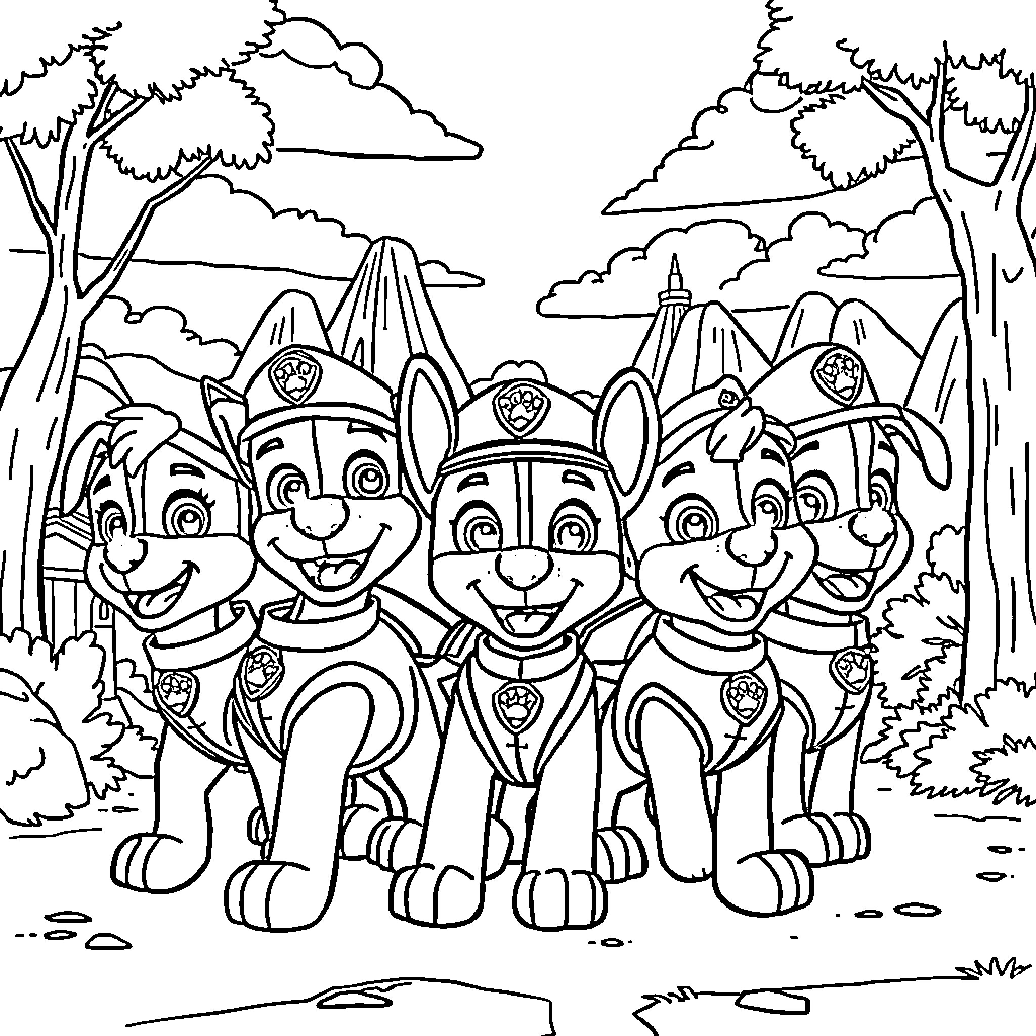 Paw Patrol pups enjoying a day in the forest Coloring Page (free black-and-white line drawing printable PDF for all, from beginners to advanced learners, including children, teens, adults, and seniors)