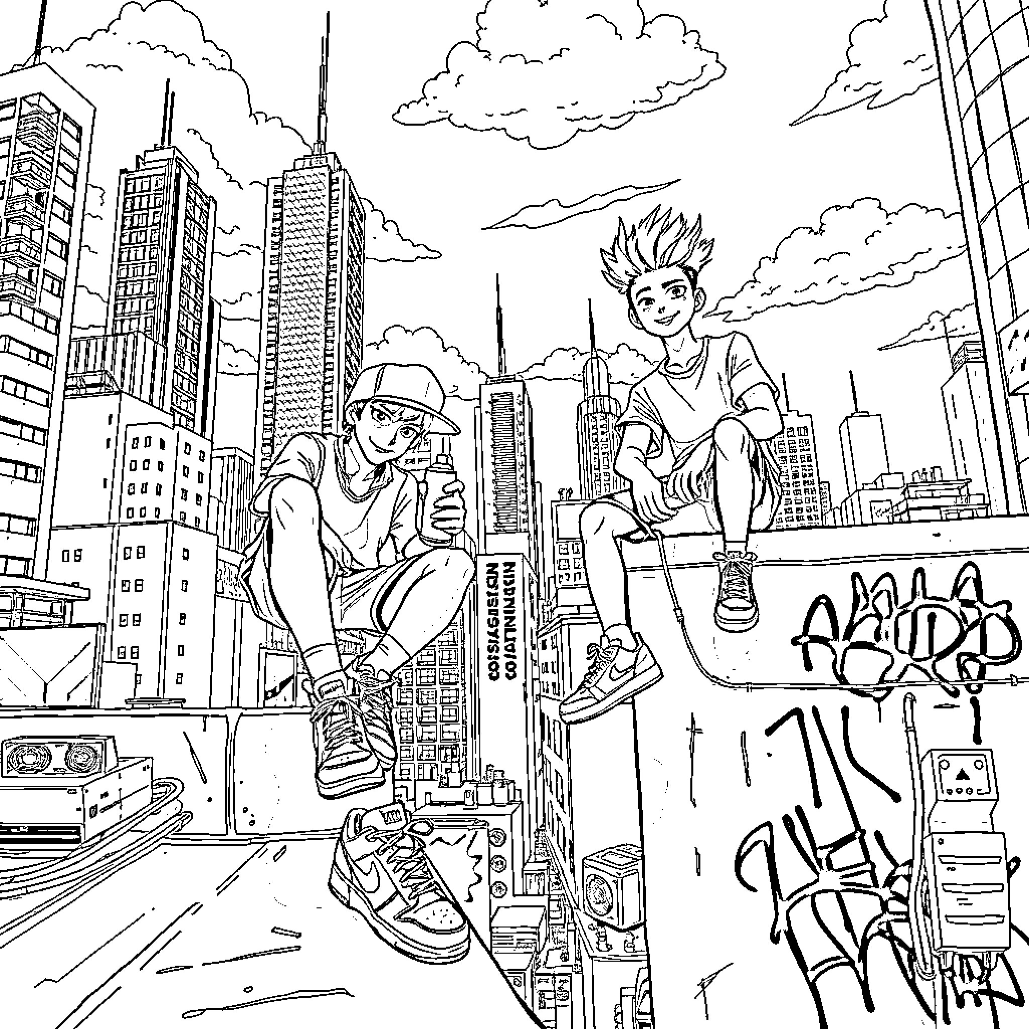 Graffiti Artist Expressing Creative Spirit in Urban Landscape Coloring Page (free black-and-white line drawing printable PDF for all, from beginners to advanced learners, including children, teens, adults, and seniors)