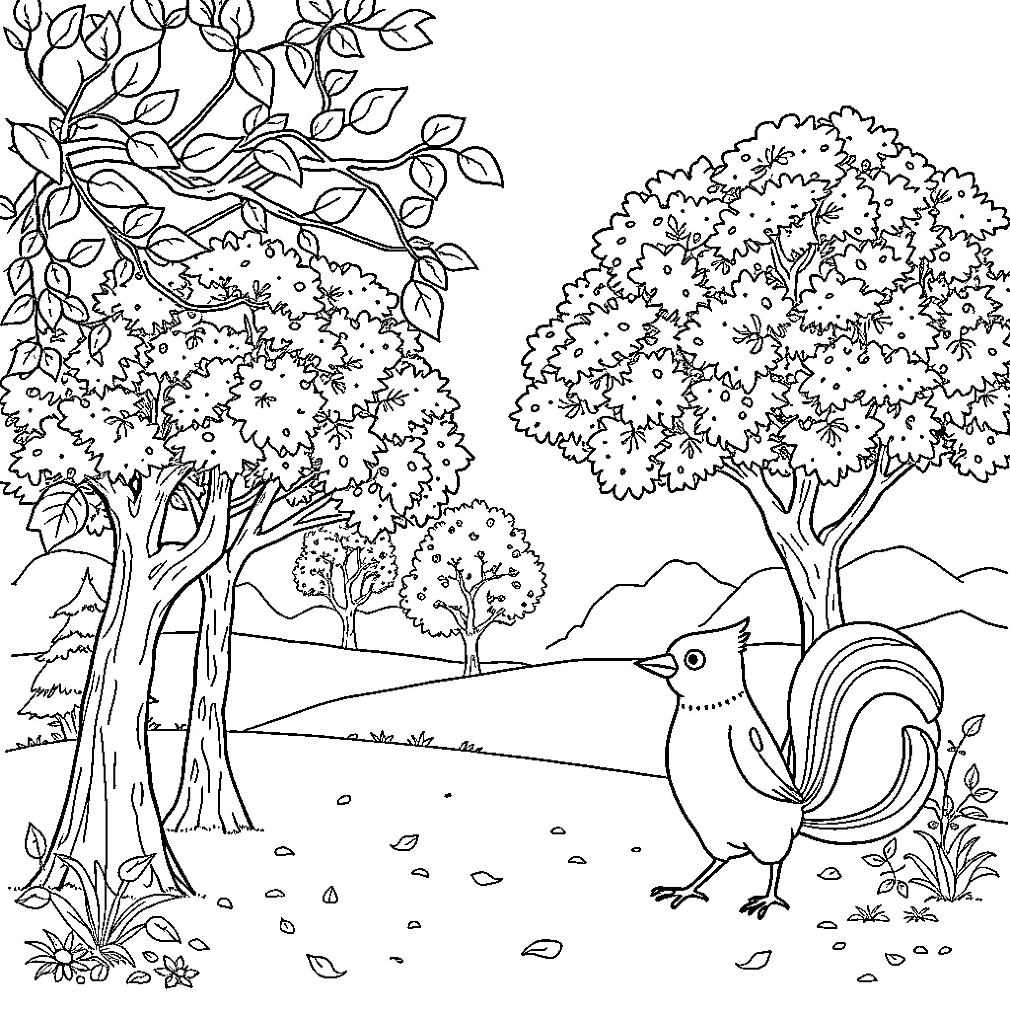 Tree scenery with a bird in the forest Coloring Page (free black-and-white line drawing printable PDF for all, from beginners to advanced learners, including children, teens, adults, and seniors)