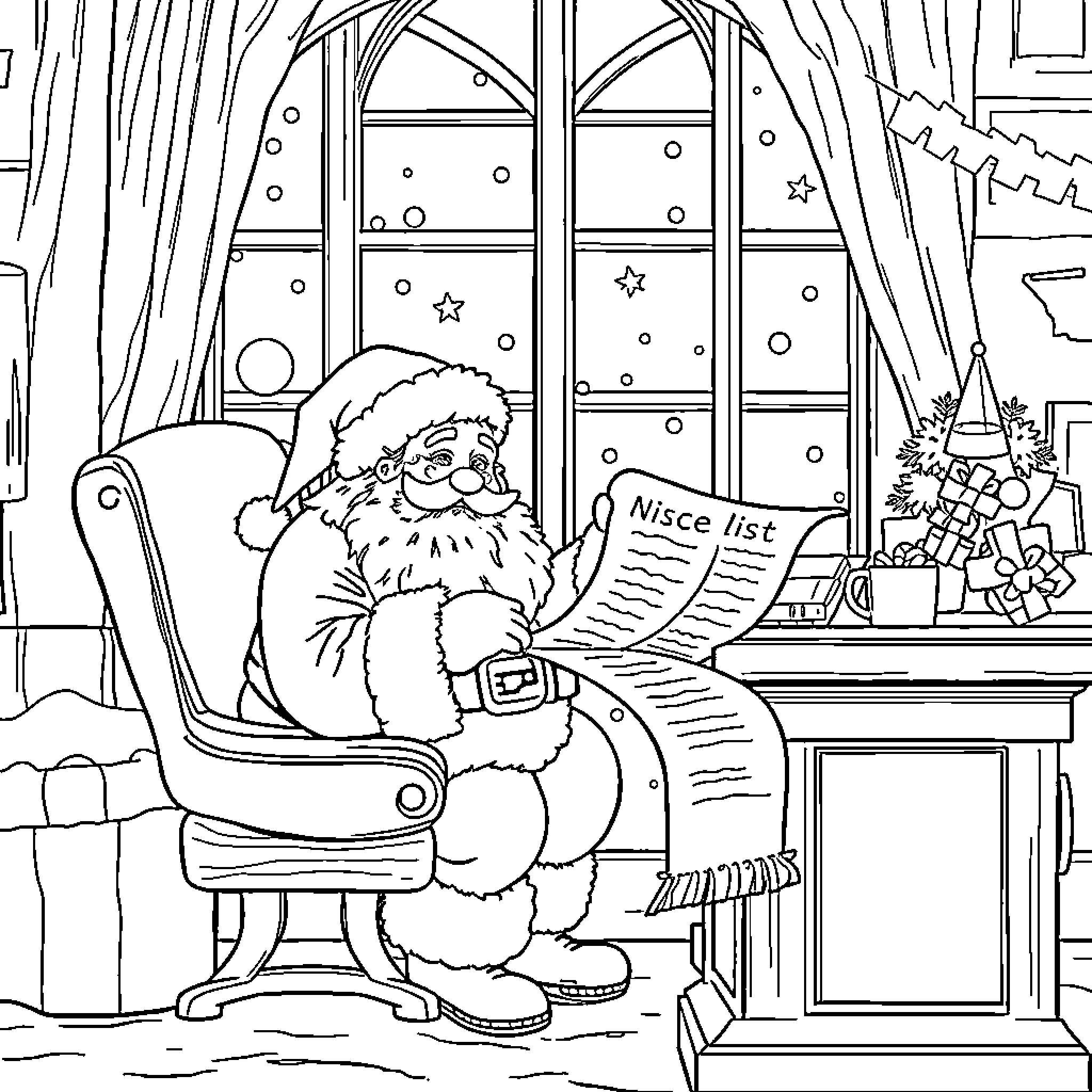 Santa Checking His Naughty and Nice List Coloring Page (free black-and-white line drawing printable PDF for all, from beginners to advanced learners, including children, teens, adults, and seniors)