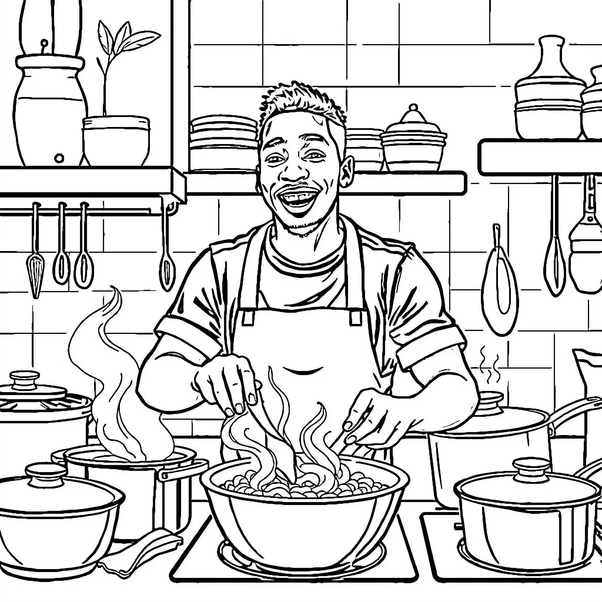Kylian Mbappe Cooking Up a Storm in the Kitchen Coloring Page (free black-and-white line drawing printable PDF for all, from beginners to advanced learners, including children, teens, adults, and seniors)