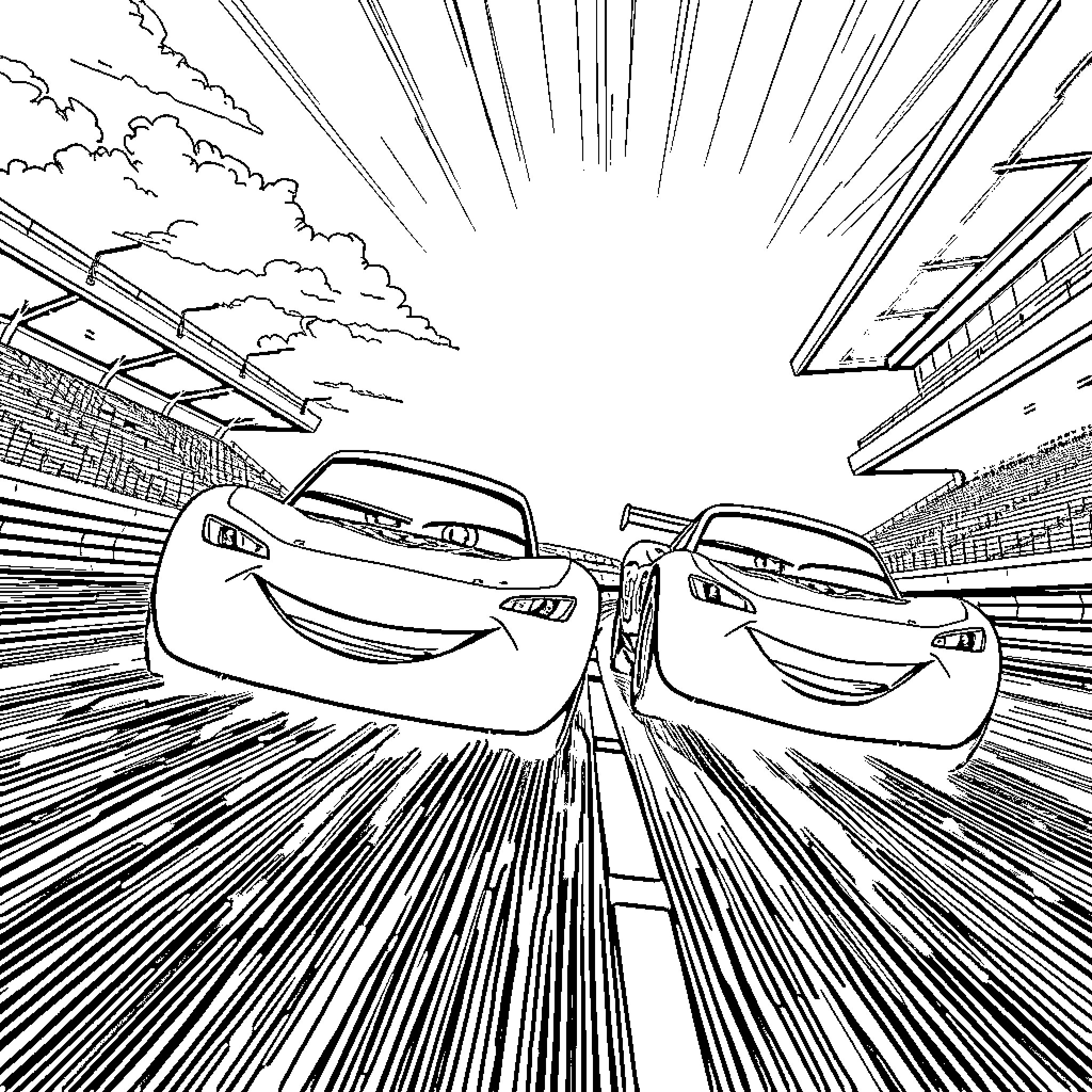 Flash McQueen racing at high speed with friends Coloring Page (free black-and-white line drawing printable PDF for all, from beginners to advanced learners, including children, teens, adults, and seniors)
