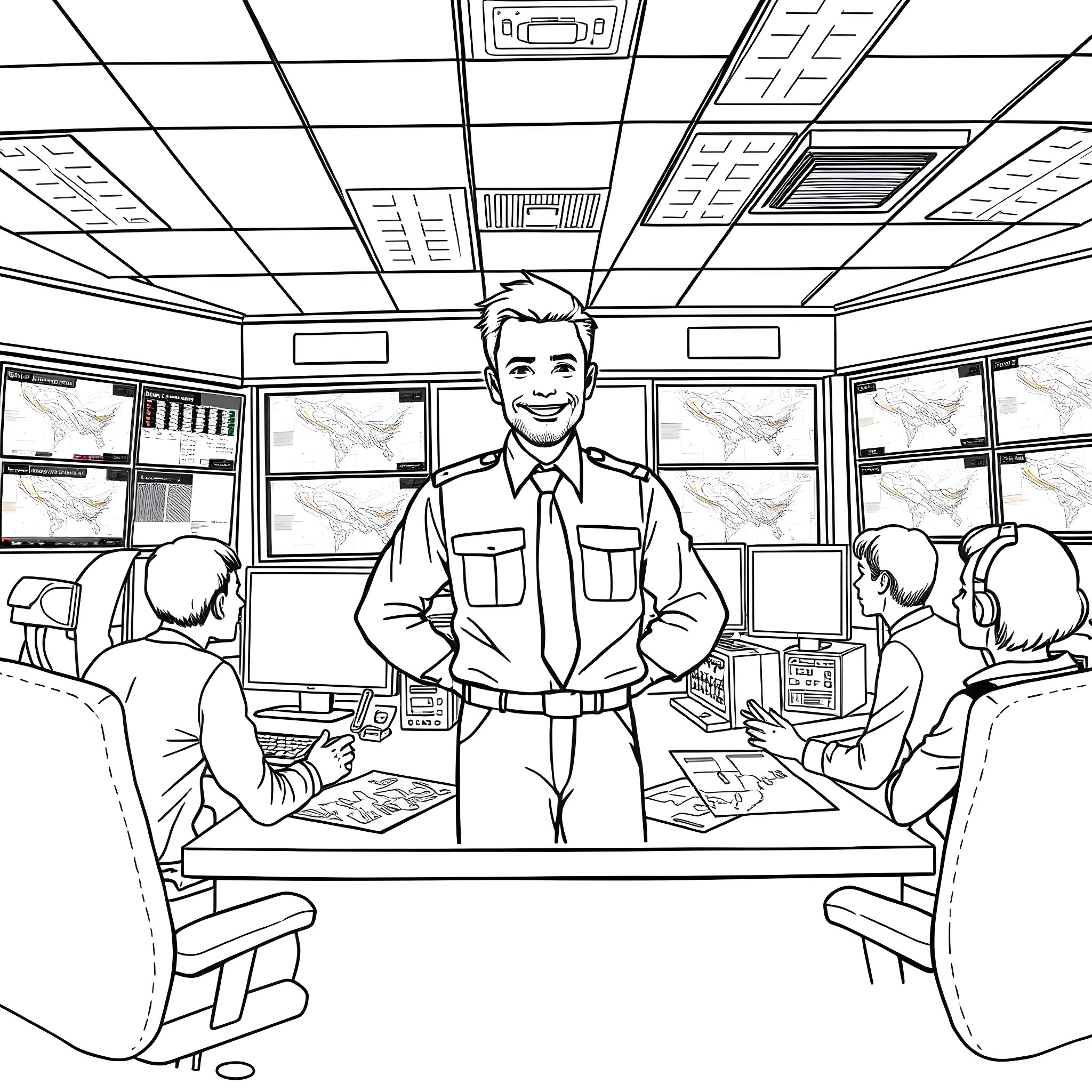 Fleet Supervisor Overseeing Operations in Control Room Coloring Page (free black-and-white line drawing printable PDF for all, from beginners to advanced learners, including children, teens, adults, and seniors)