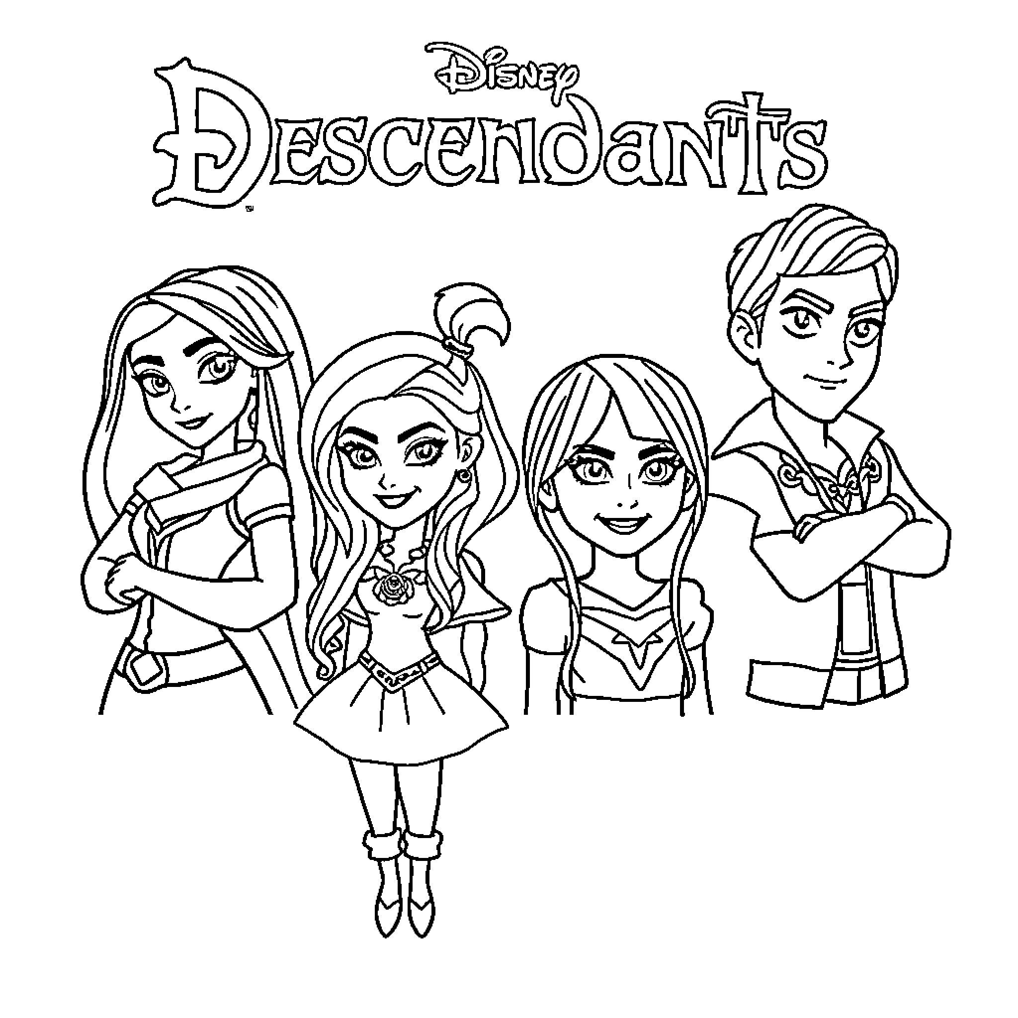 Disney Descendants group portrait with main characters Coloring Page (free black-and-white line drawing printable PDF for all, from beginners to advanced learners, including children, teens, adults, and seniors)
