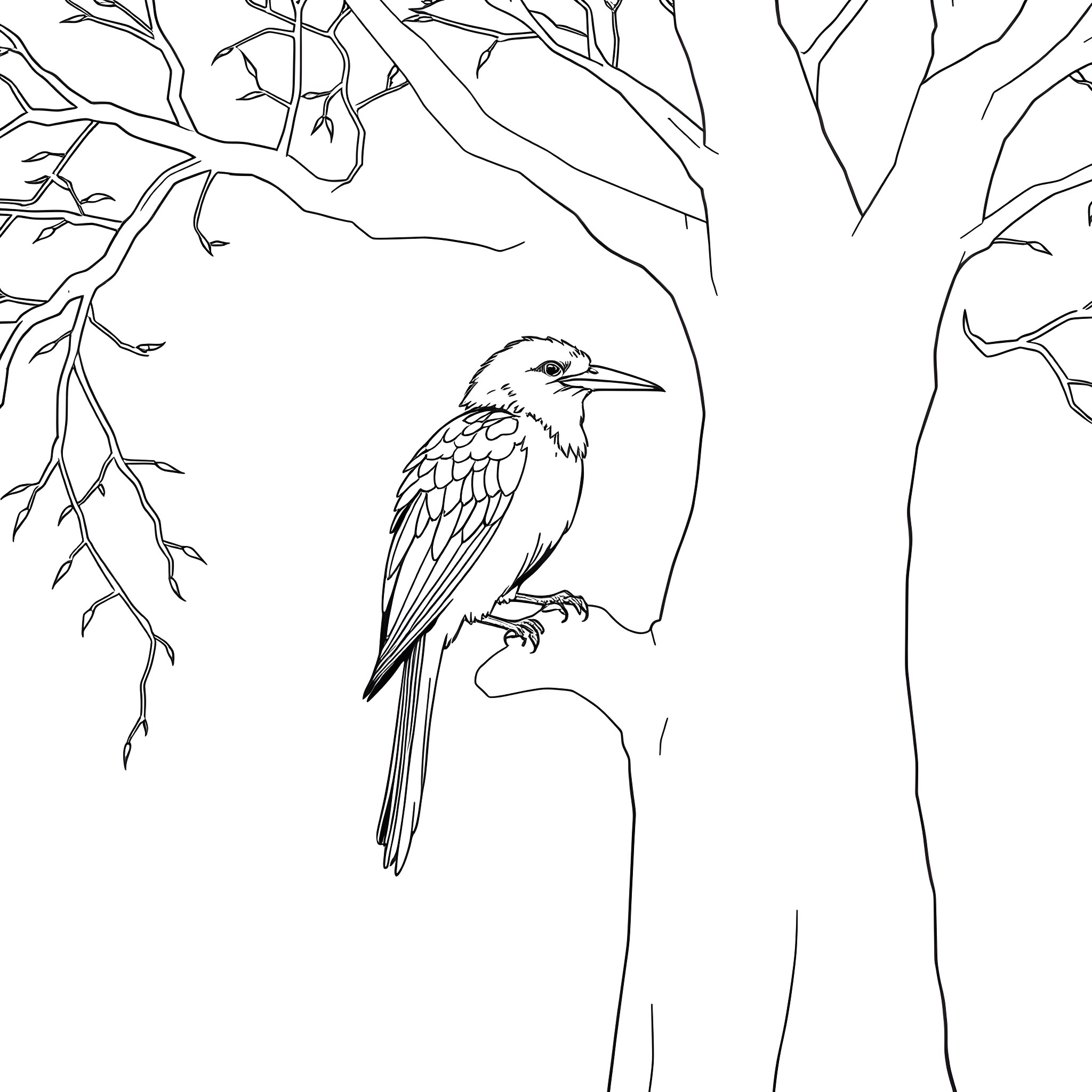 Cape Weaver perched on a tree branch Coloring Page (free black-and-white line drawing printable PDF for all, from beginners to advanced learners, including children, teens, adults, and seniors)