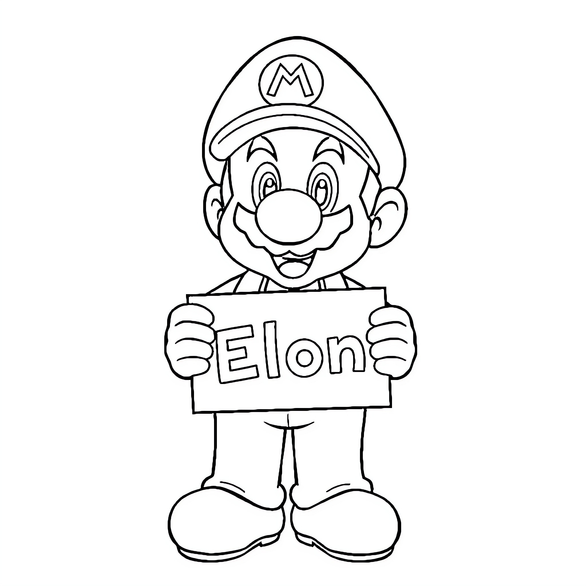 Super Mario Holding 'Elon' Sign Coloring Page (free black-and-white line drawing printable PDF for all, from beginners to advanced learners, including children, teens, adults, and seniors)