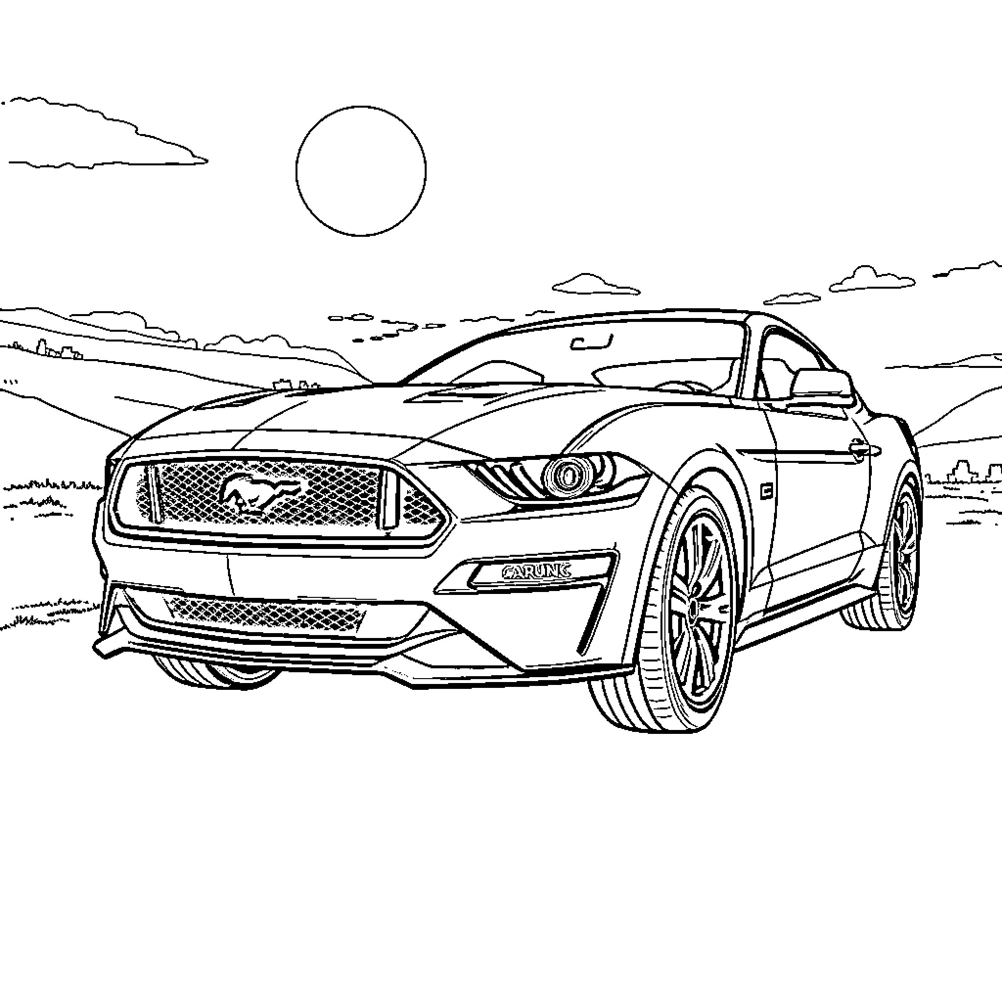 Mustang cruising on a scenic landscape Coloring Page (free black-and-white line drawing printable PDF for all, from beginners to advanced learners, including children, teens, adults, and seniors)