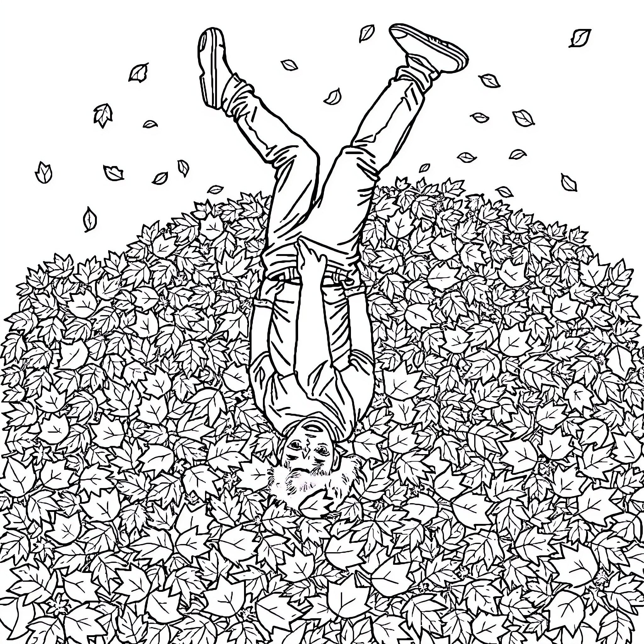 Man jumping joyfully into pile of leaves Coloring Page (free black-and-white line drawing printable PDF for all, from beginners to advanced learners, including children, teens, adults, and seniors)