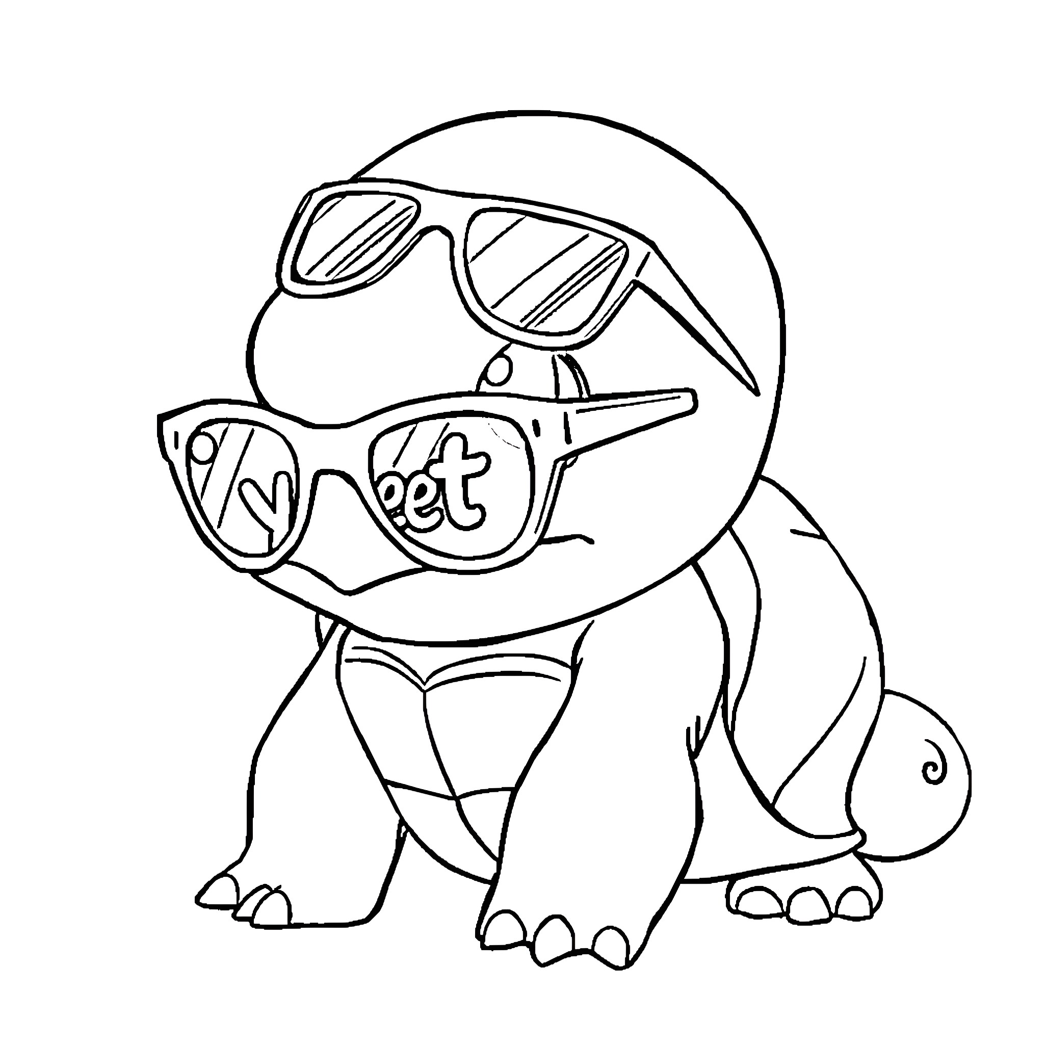 Squirtle wearing trendy sunglasses and surfboard Coloring Page (free black-and-white line drawing printable PDF for all, from beginners to advanced learners, including children, teens, adults, and seniors)