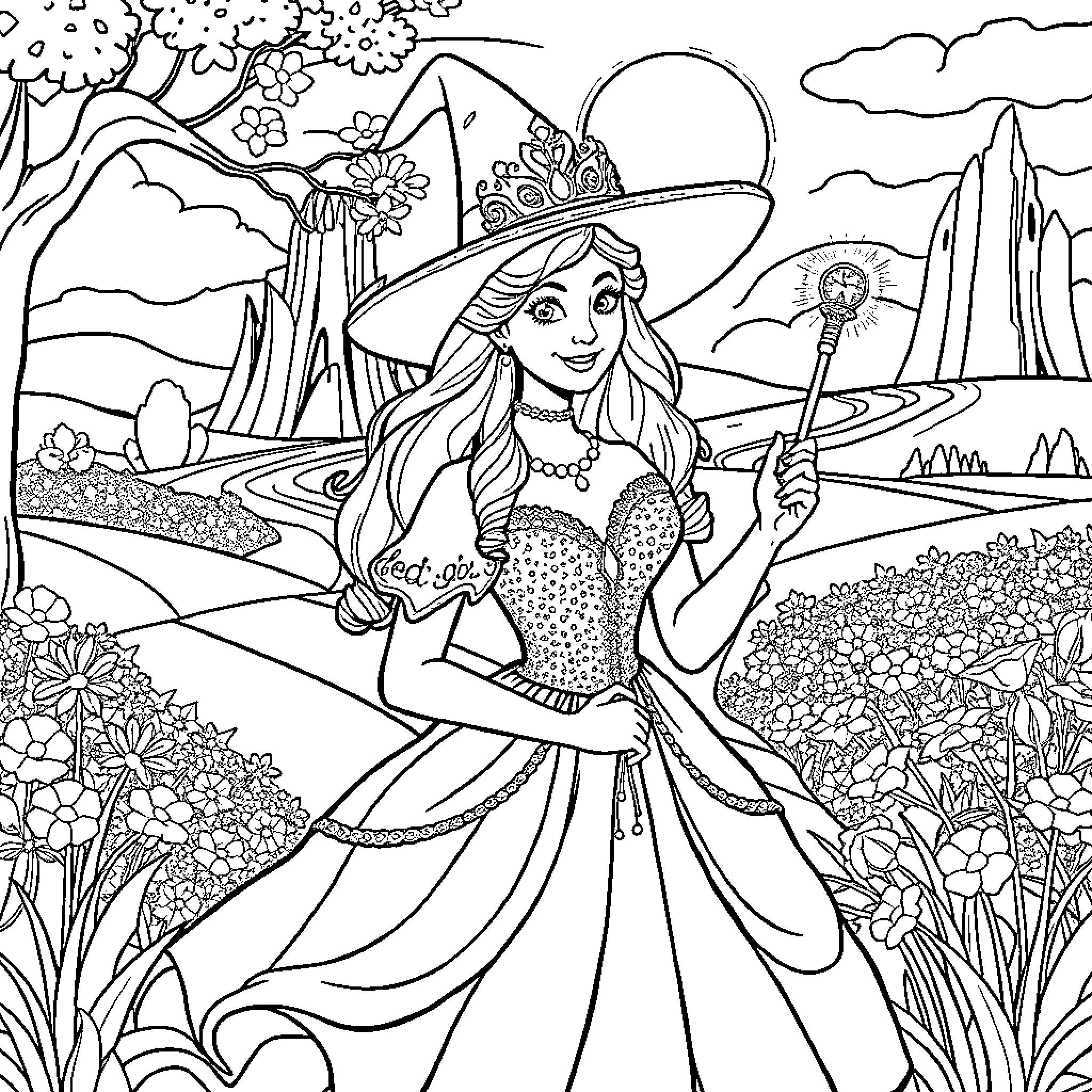 Glenda's Whimsical Adventure in the Enchanted Garden Coloring Page (free black-and-white line drawing printable PDF for all, from beginners to advanced learners, including children, teens, adults, and seniors)