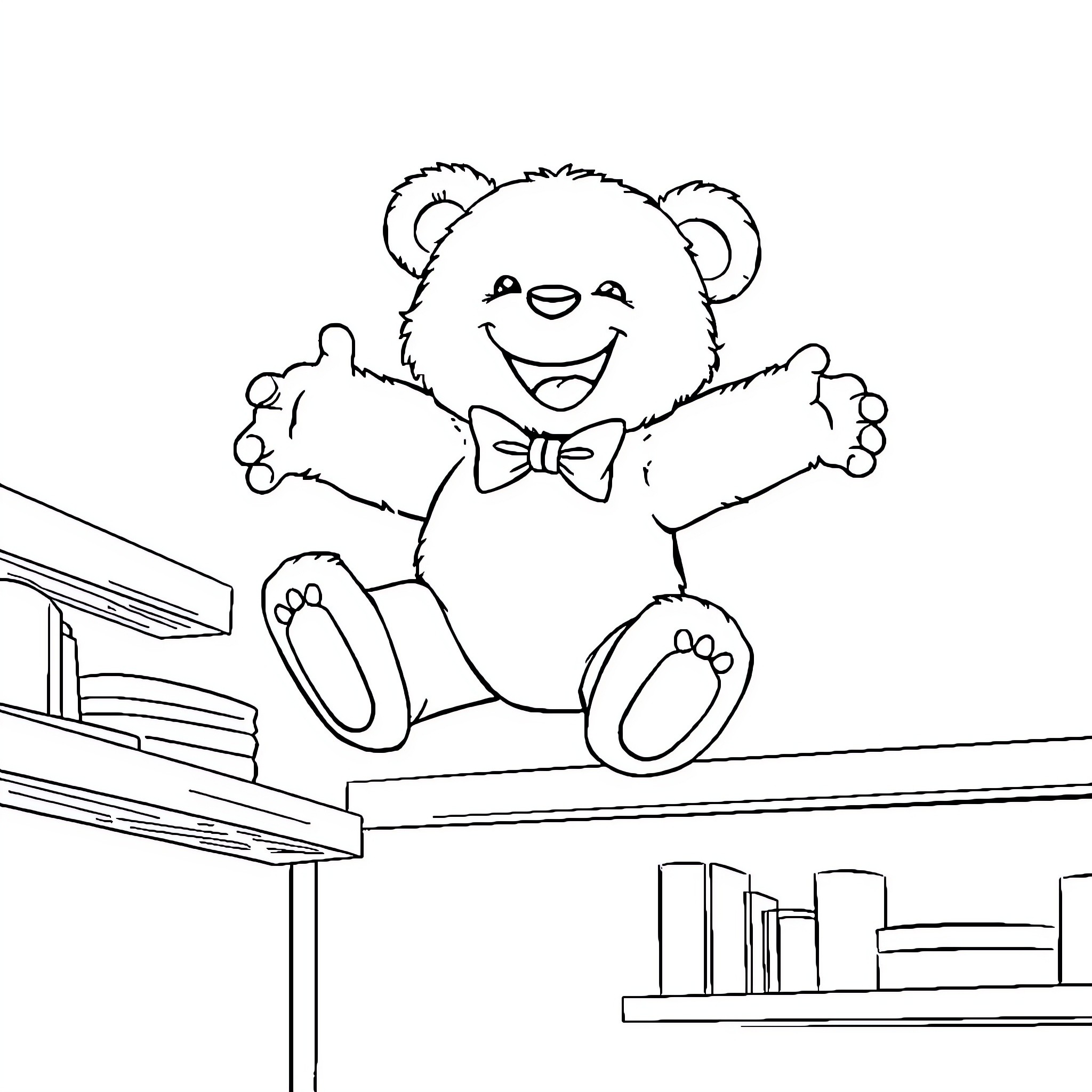 Teddy Bear Sitting on a Bookshelf Coloring Page (free black-and-white line drawing printable PDF for all, from beginners to advanced learners, including children, teens, adults, and seniors)