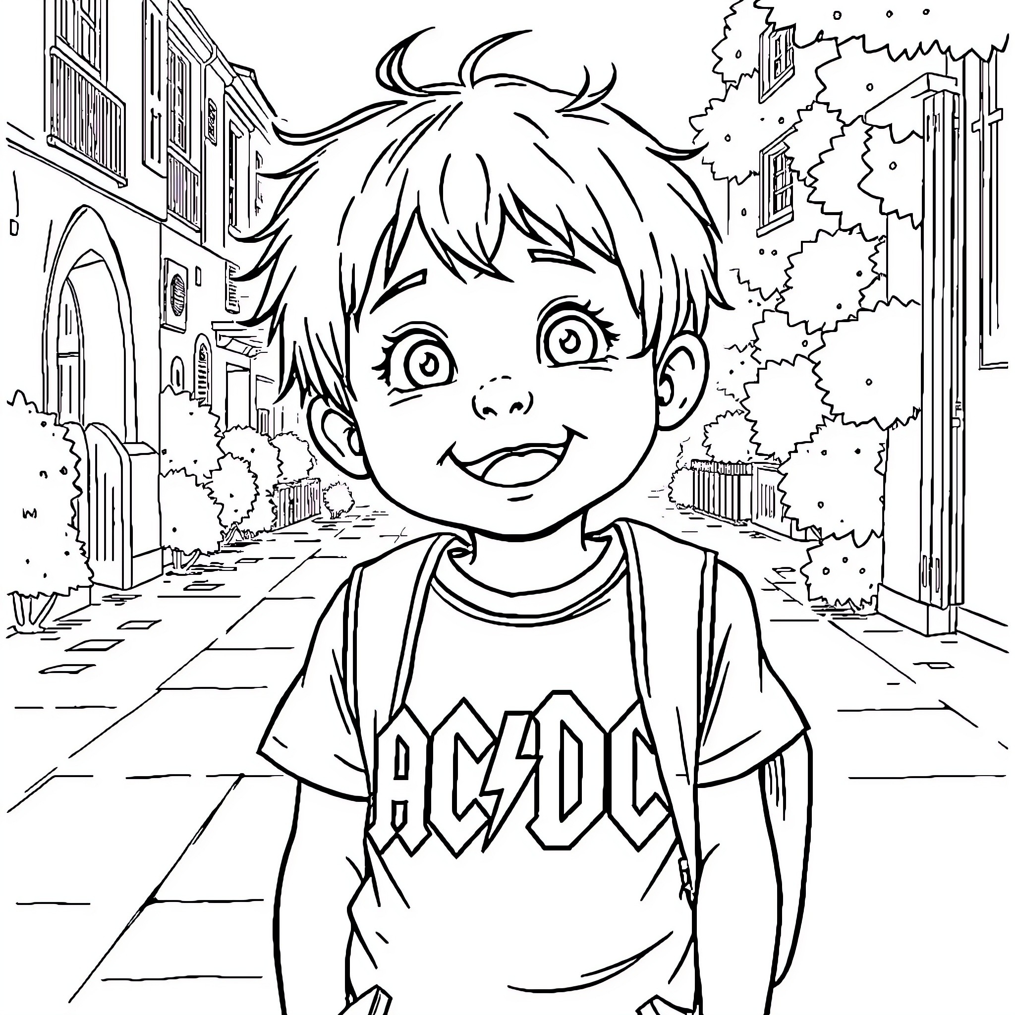 Child in ACDC t-shirt on city street Coloring Page (free black-and-white line drawing printable PDF for all, from beginners to advanced learners, including children, teens, adults, and seniors)